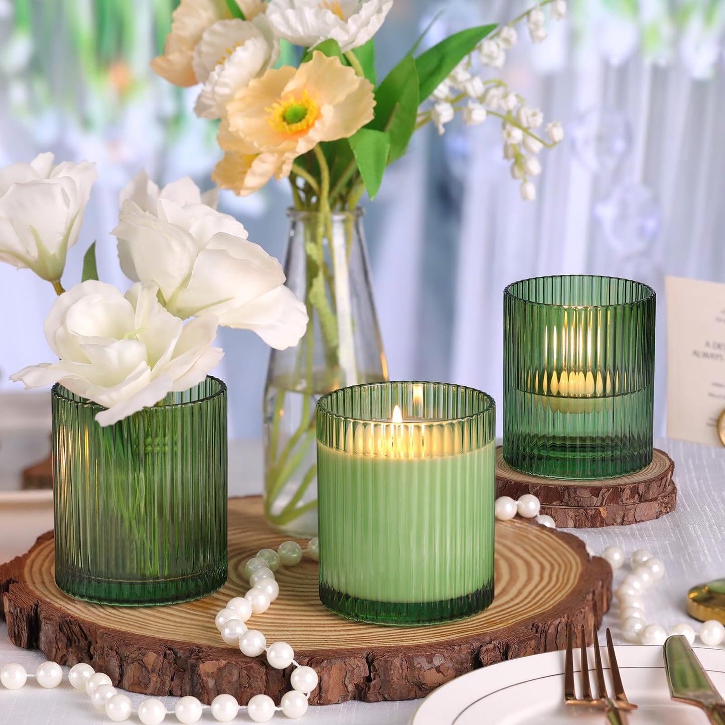 sunnyfuture 10 OZ Green Candle Jars for Making Candles Set of 8, Ribbed Glass Candle Jars with Wood Lids and Labels, Candle Containers for DIY, Gifts, Home Decoration