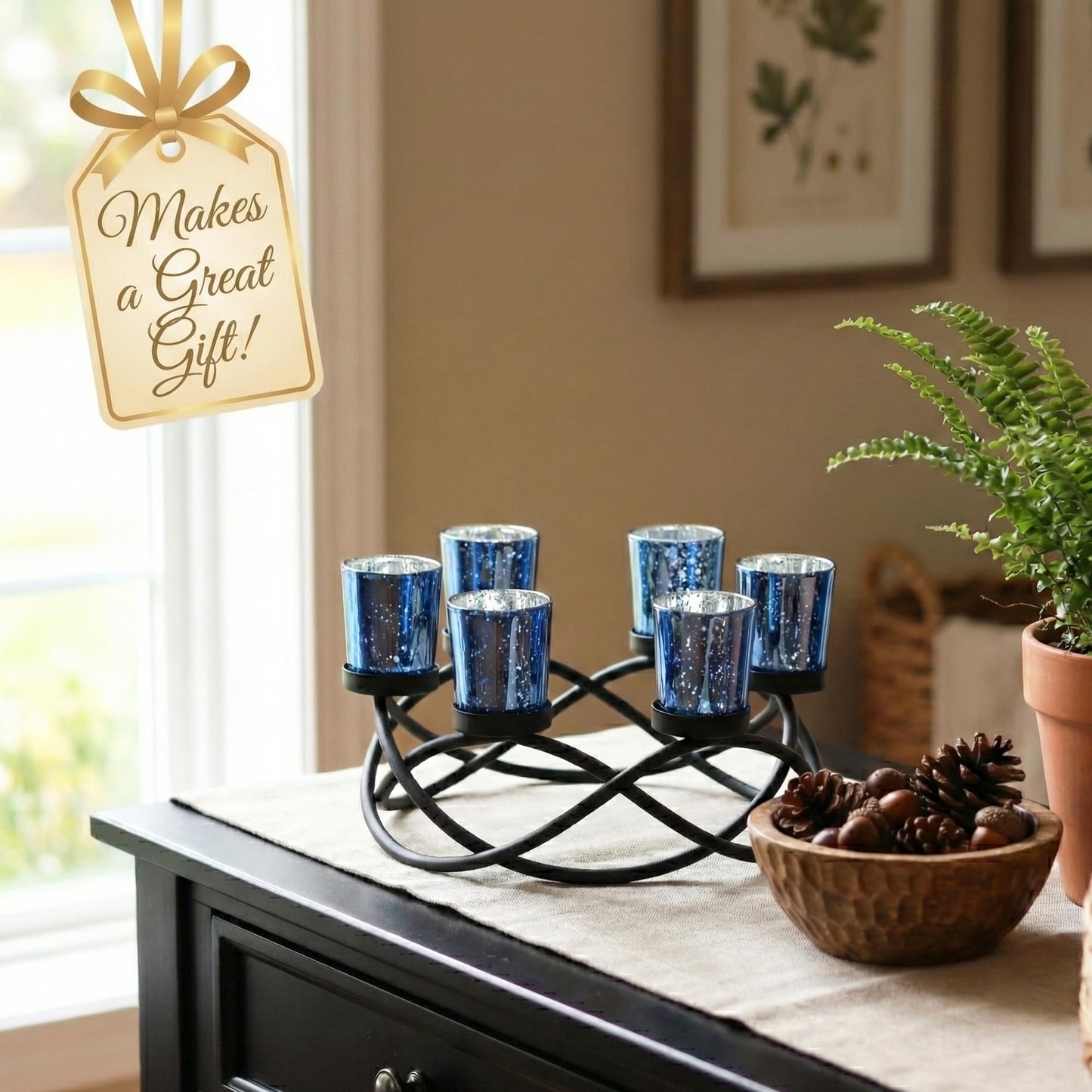 Seraphic Centerpieces for Table Decorations - Round Candle Holders for Outdoor Patio, Dining, Kitchen, Coffee & Wedding Table Decor, Black Iron Candelabra, 6 Blue Glass Votive Tealight Cups