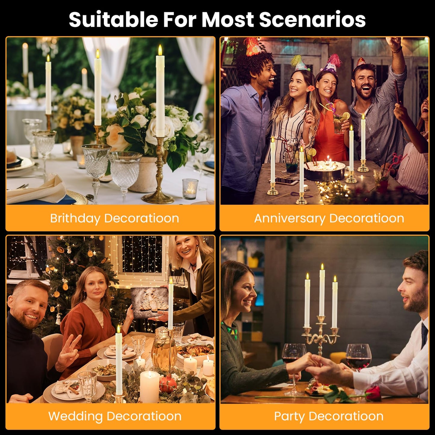 JOSU LED Flameless Taper Candles with Remote Timer, 6 Pcs Ivory Fake Candlesticks Battery Operated 3D Flickering, Realistic Electric Candles Warmer Lamp Light for Wedding Party Home Decor, 0.78"x8.86"