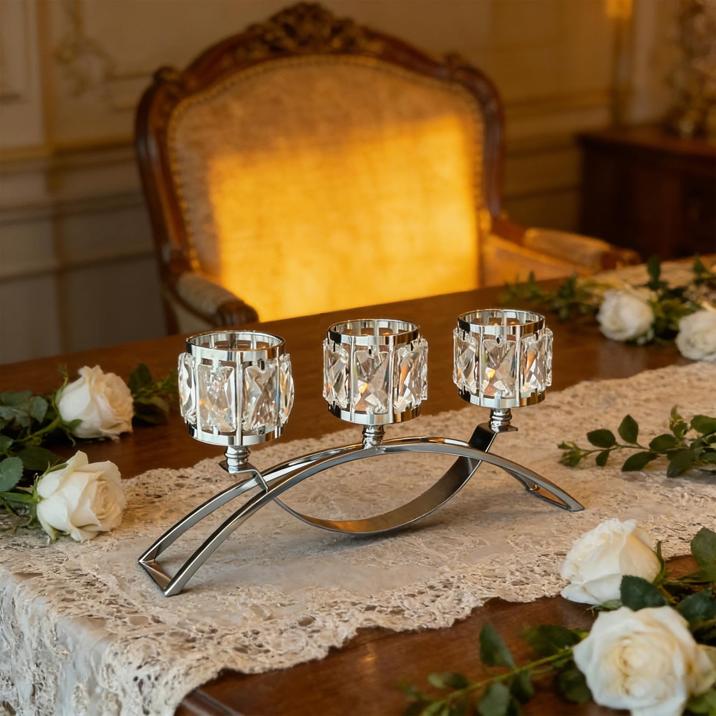KEHAIL 3 Arms Crystal Candle Holders, Arch Candlestick Table Candelabras Centerpieces for Wedding, Dinning Room, Cabinet Ornaments, Home Decoration， Gift (Silver, 2 Pcs-3 Arm Arched)