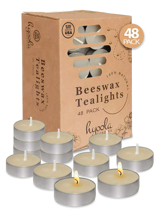 HYOOLA White Beeswax Tealight Candles in Aluminum Cup - 48 Pack - 100% Pure Natural Beeswax Candles