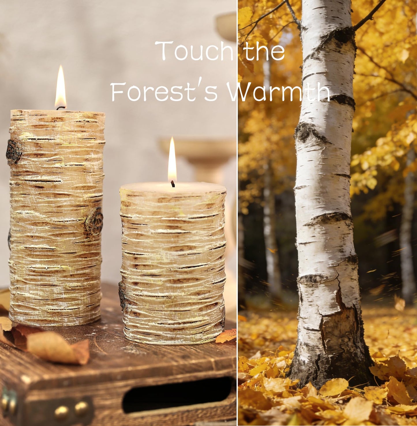 Birch Bark Texture Pillar Candles Set - Real Wax 3 Sizes (4", 5", 6" Tall) Rustic Decor Fireplace Candles, Unscented Woodland Style Pillar Candle for Modern Farmhouse, Dining Table, Holiday Decor