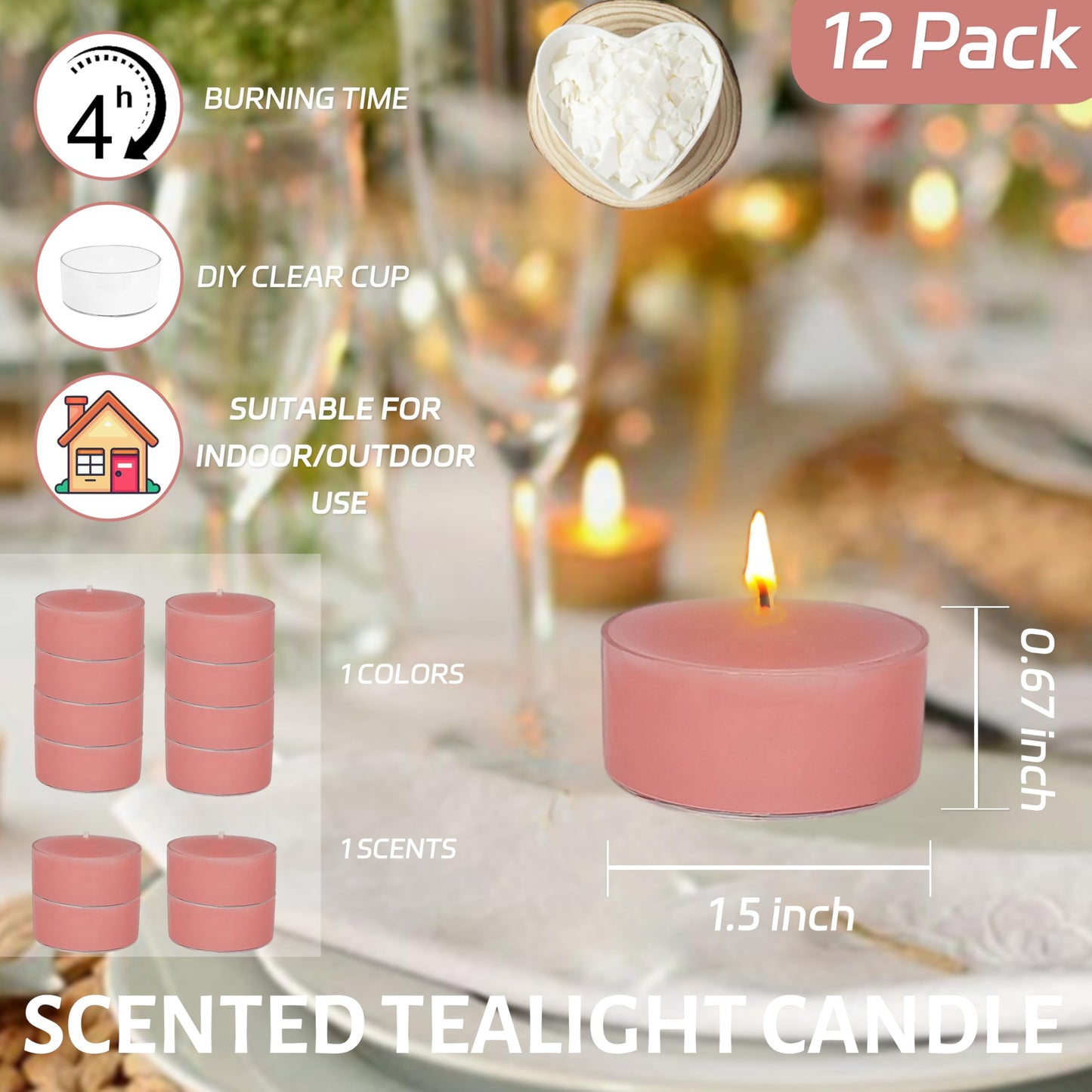 Rose Scented Tea Light Candle Hand Poured Smokeless Long-Lasting 4 Hour Burn Time Perfect for Relaxation and Romantic Ambiance - 12 Pack