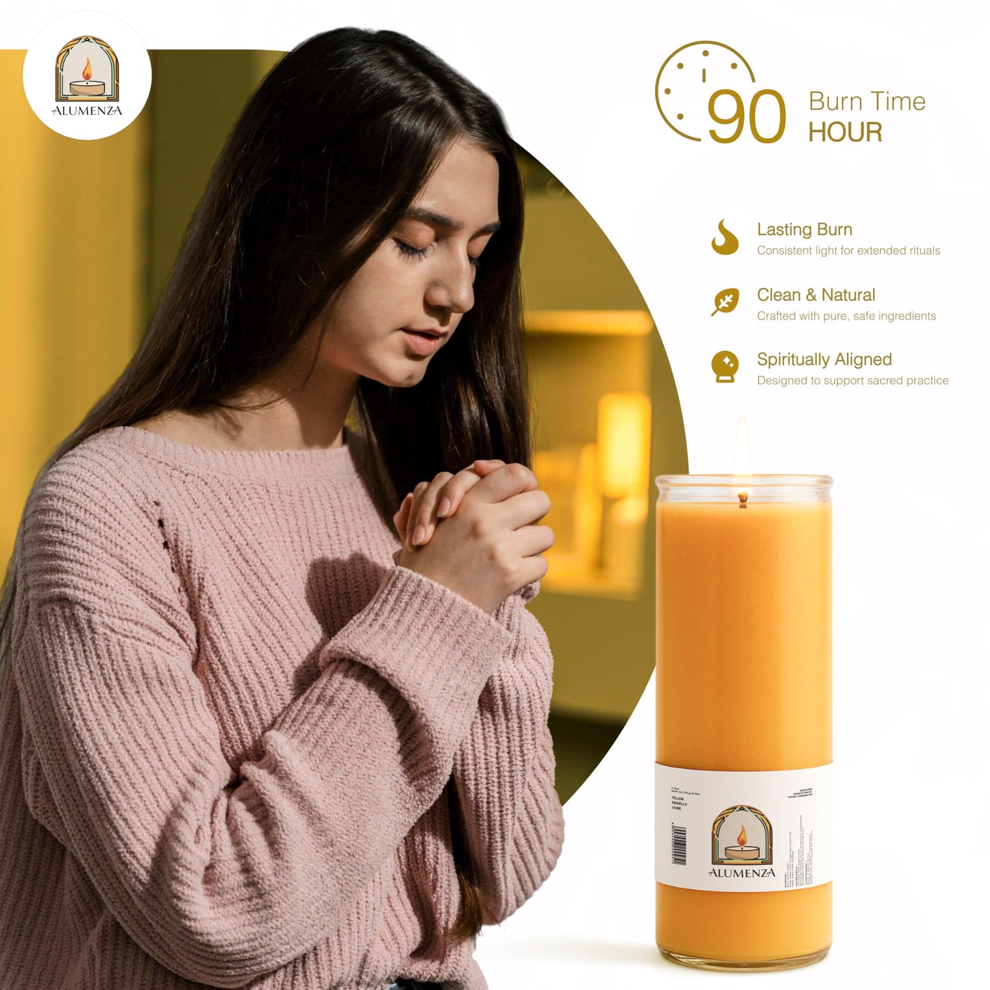 Alumenza 3 Pack Yellow 7 Day Candles in Glass Jar – Paraffin Wax, Clean Burning Unscented | Large & Tall Devotional Prayer Pillar Candles for Home, Memorial, Spells, Long Lasting