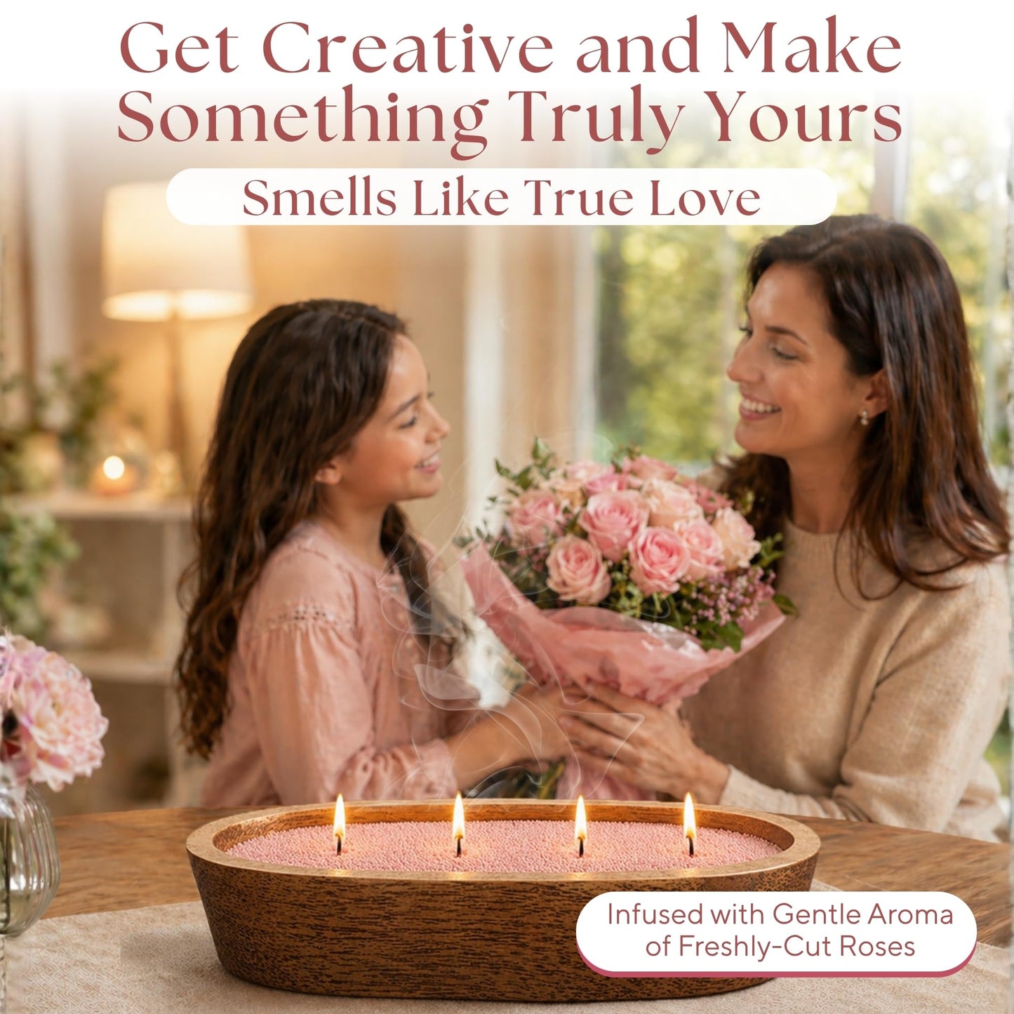 LILY LADUE 1LB Rose Scented Pearled Candle Sand Kit - Decorative Refillable Sand Candle Kit with 24 Wicks and Wooden Holder, Pink Wax Beads, Powder Wax Pearls to Make Your Own Home Decor, Gift Set