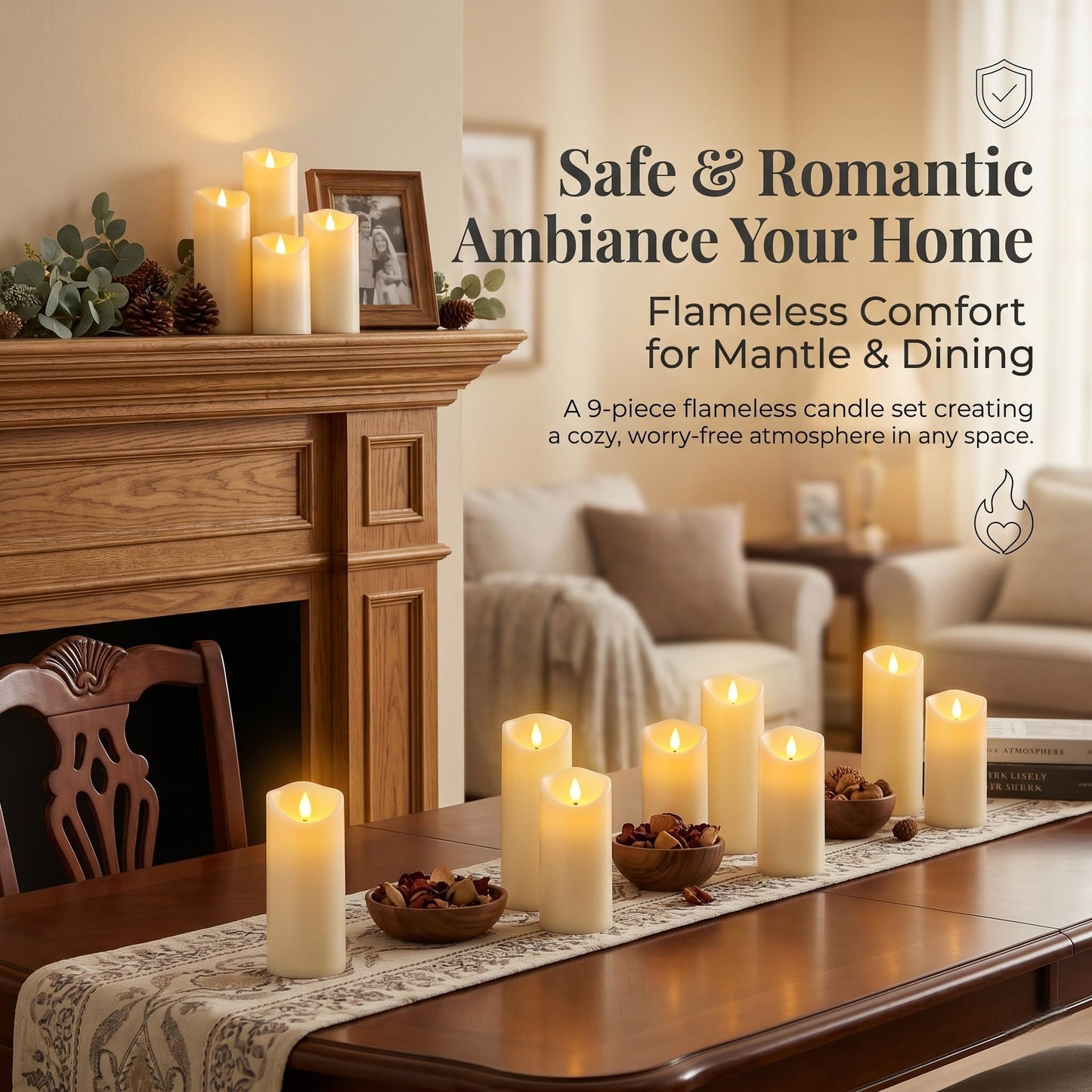 Enido 9pcs Flameless Candles with Remote, 2.2" x 5/6/7" Heat-Resistant Plastic LED Pillar Candles, Battery Operated Moving Wick Fake Candles with Timer, Realistic for Wedding, Outdoor, Home Decor