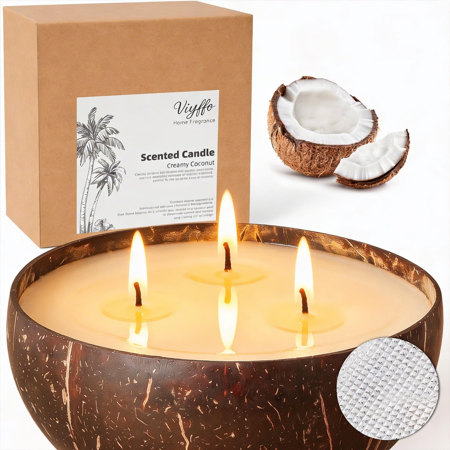 Viyffo Creamy Coconut Scented Candle, Large 18oz 3 Wick Non Toxic Soy Candles, Natural Coconut Shell Candle for Home, Soft & Creamy Aromatherapy for Relaxation & Spring Décor, Gift for Women & Men