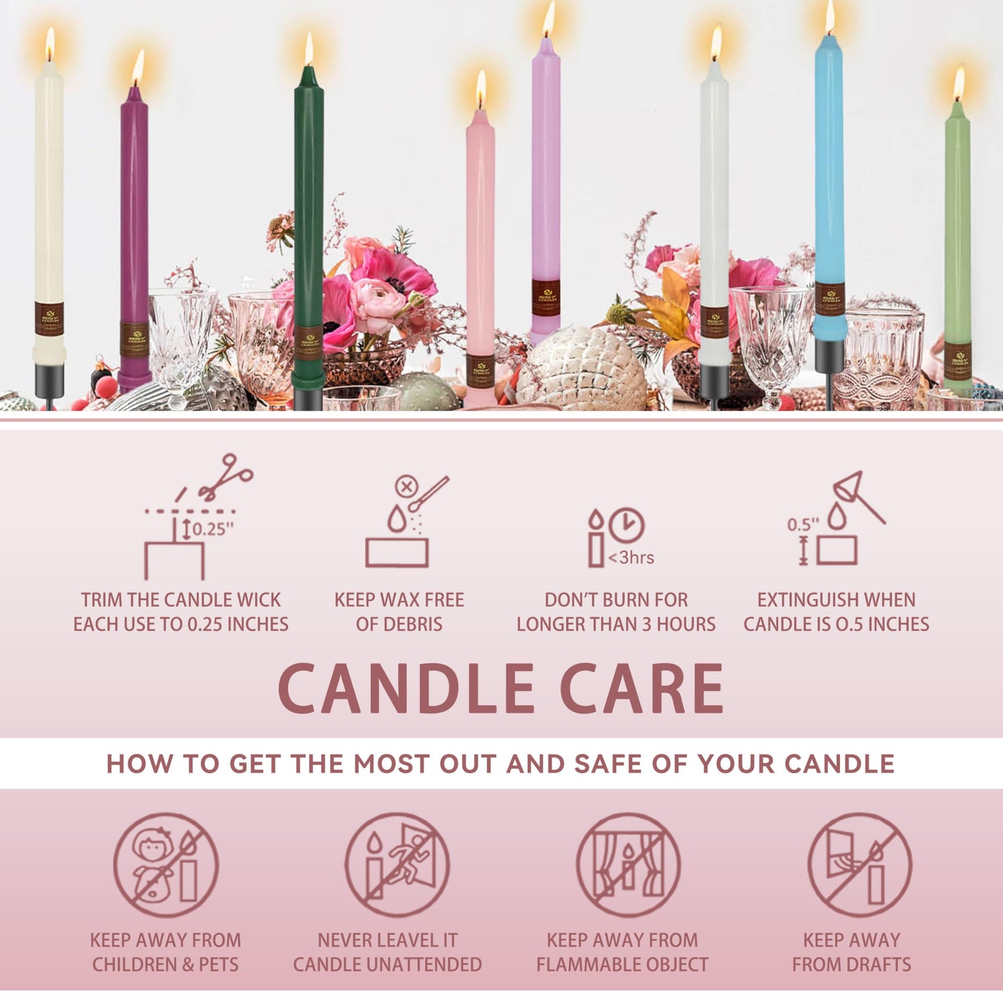 Pink Long Taper Candle 10 Inch Candlesticks Unscented Dripless Tapered Candle Set for Home Decor Wedding Party Dinner Candles, 4 Pack