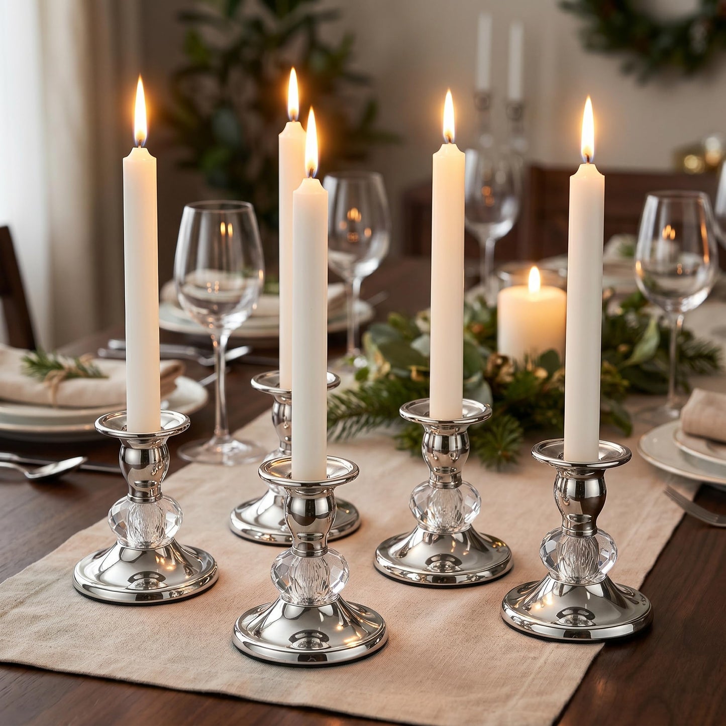 Candlestick Holders Taper Candle Holders, Candle Stick Candle Holder for Table Centerpiece, Wedding Reception, Festive Christmas Mantel Decoration or Home Decor (Silver, 3 Sets(6 Pcs))