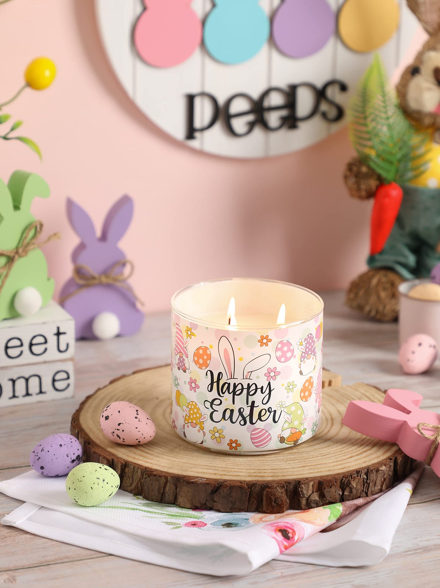 Easter Bunny Candles, Happy Easter Jasmine Scented Candle, 14 oz, 3 Wick Large Jar, Spring Bunny Candle Gifts for Women Men