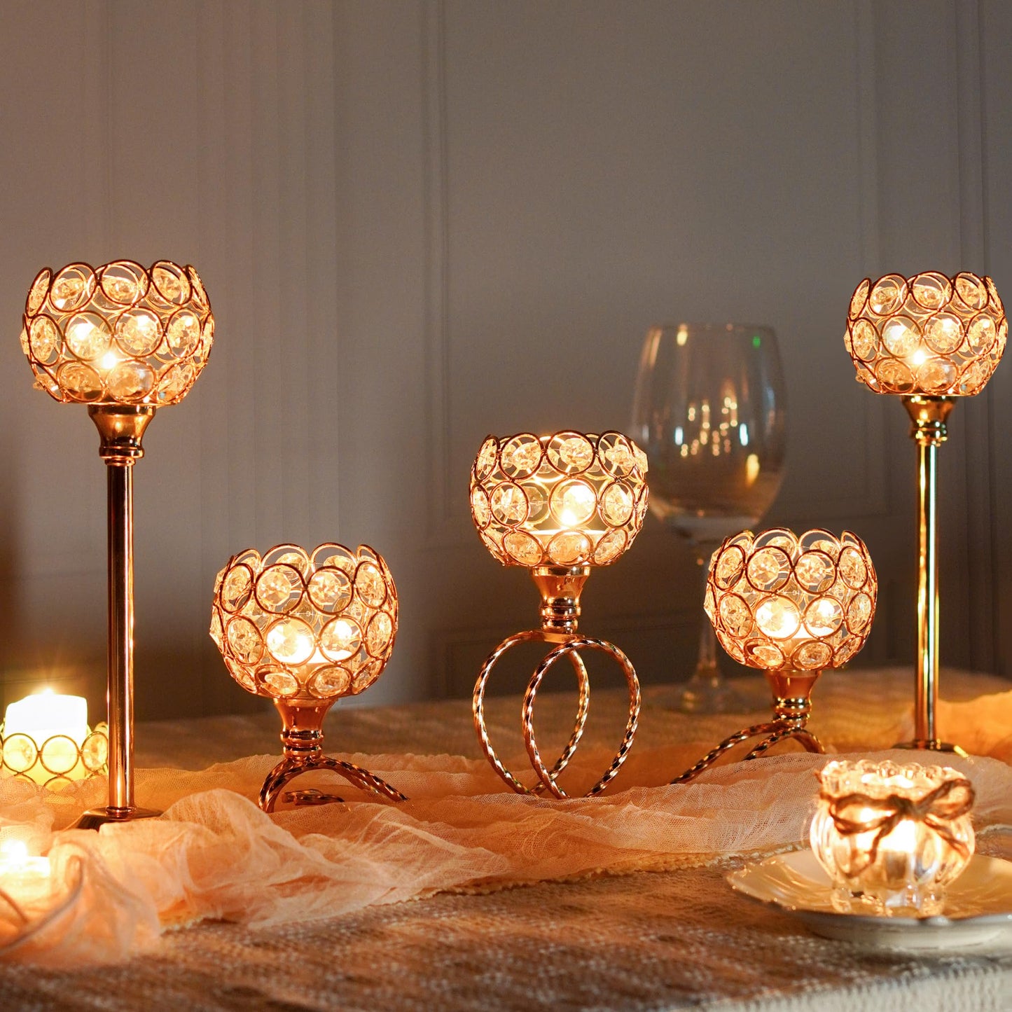 kolnlala Gold 5 Arm Metal Crystal Tea Light Candle Holder, Elegant Wedding Table Centerpiece, Christmas Wishing Bowl Candle Holder