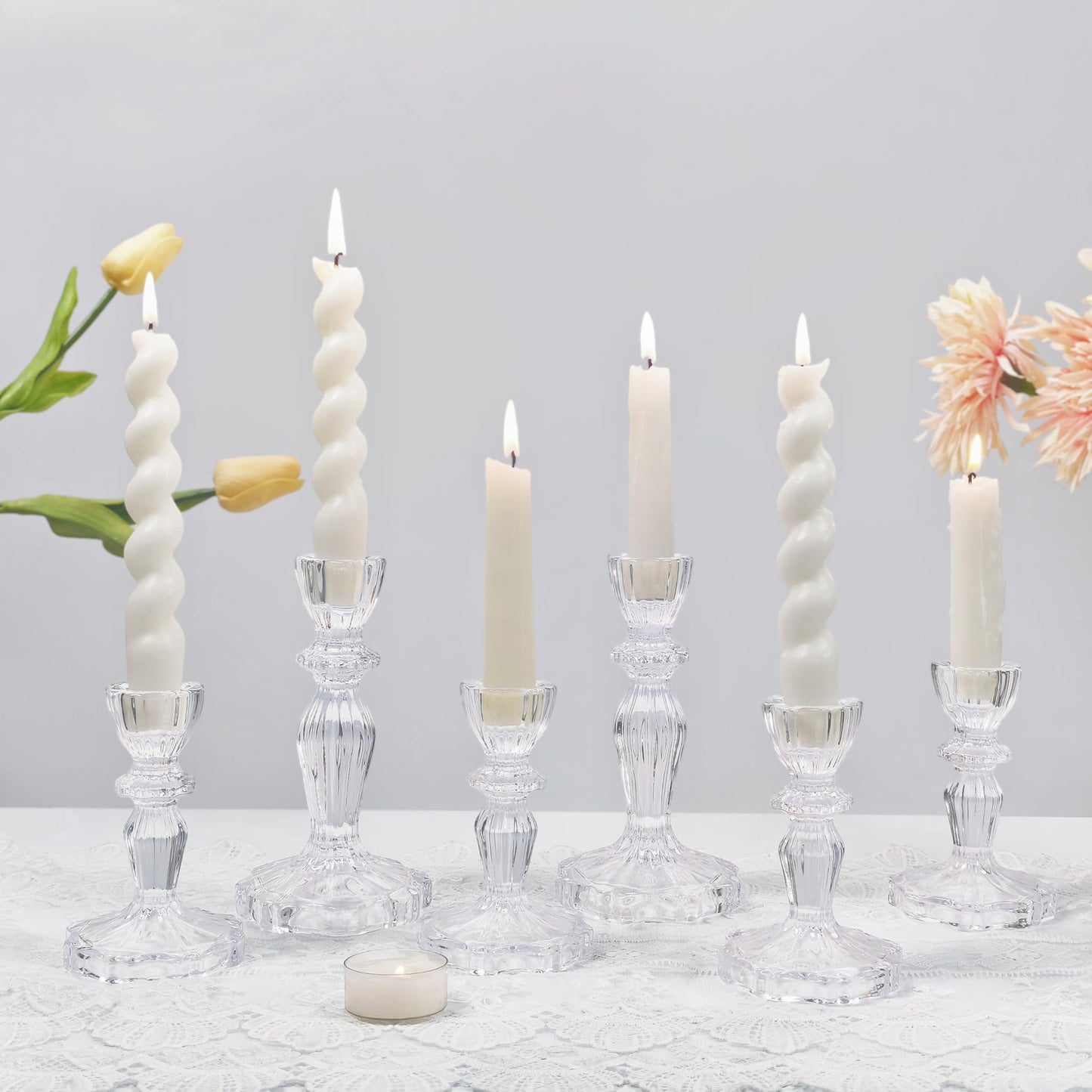 CHOCSTAY Glass Candlestick Holders Set of 6, Clear Stripe Taper Candle Holders for Table Centerpiece, Home Decorations, Wedding and Party