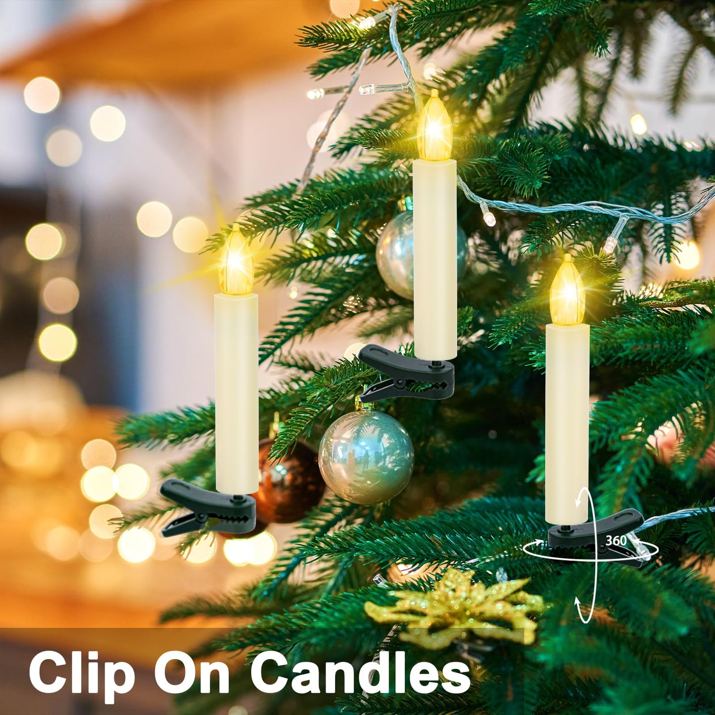 Kuandawei LED Christmas Candles, Flickering Clip on Candles for Christmas Tree, Battery Operated with Remote Timer, Warm White Light, Flameless Taper Candle for Home Christmas Decor, Set of 20
