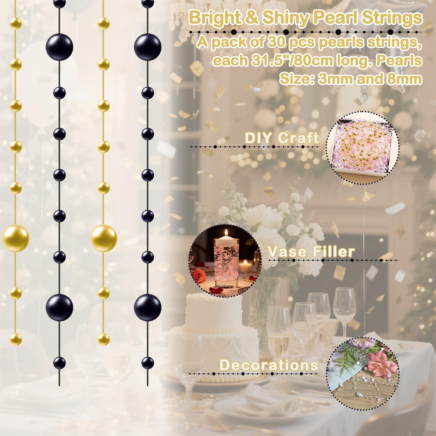 YATOJUZI 30 PCS Artificial Pearl String Black Gold Vase Filler Floating Pearls for Vases Centerpieces Faux Pearl Beads String Decorations Holiday Wedding Anniversary 50th Birthday Party Decor
