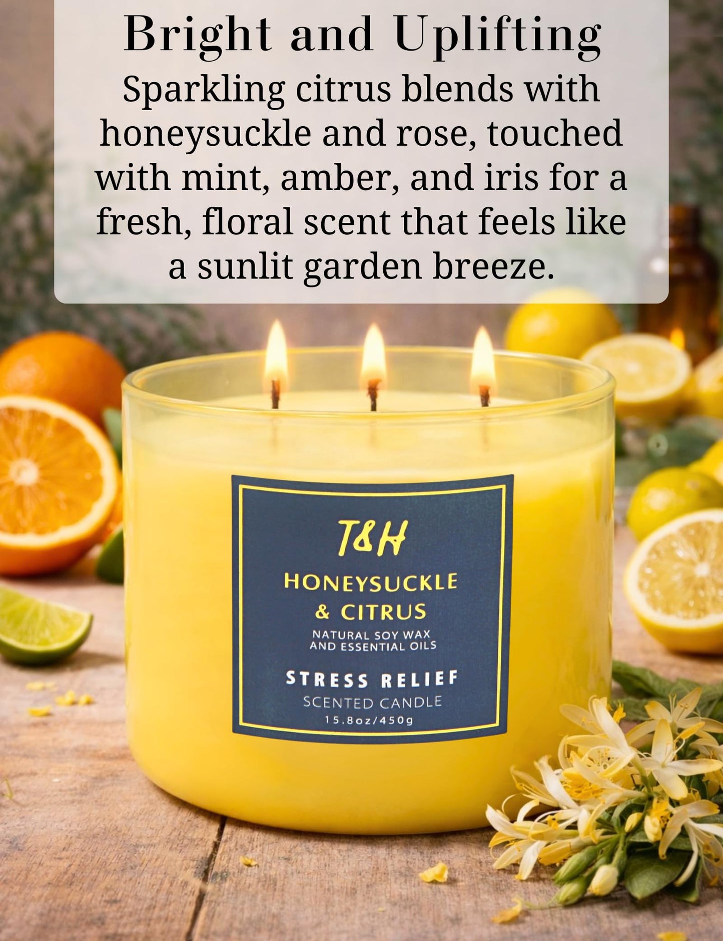 Honeysuckle Citrus 3-Wick Soy Candle | 15.8 oz Large Scented Candle for Home | Clean Burn Long Lasting | Fresh Floral Citrus Scent | Gift Ready