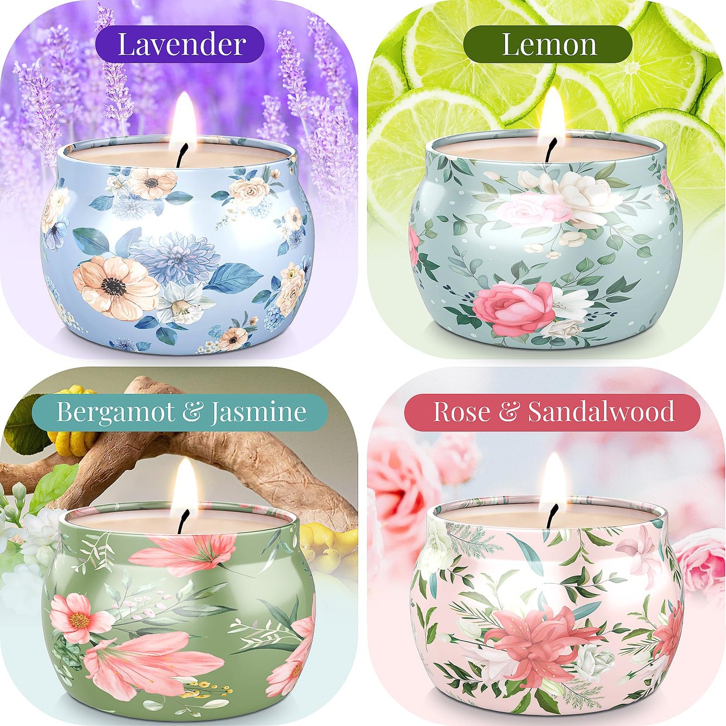 BlissfulOasis Scented Candles Set, 17.6 oz 4 Pack Home Scented Candles, 100-120 Hours Candle Set for Men and Women, Long Lasting Soy Wax Aromatherapy Gift for Birthday, Valentine's Day, Mother's Day