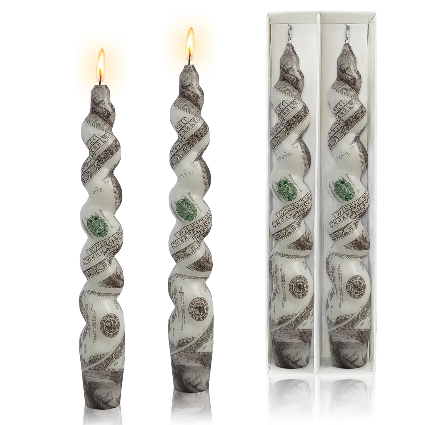 Dollar Printed Candle Stick Handmade Twisted Smokeless Spiral Candle 7.5 in Twisted Tapered Candles for Home Wedding Dinner Holiday Party（2 Pcs