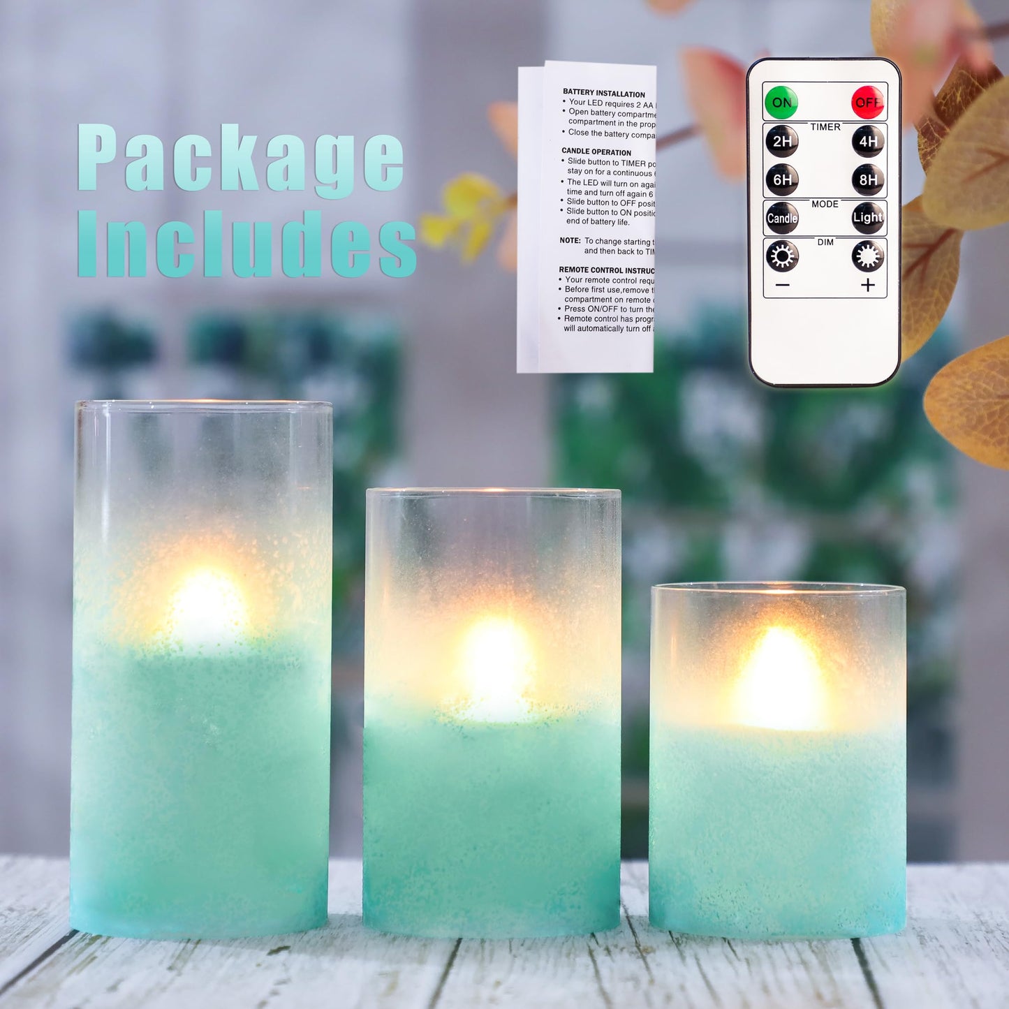 FLAVCHARM Blue Flameless Candles with Remote Aqua Glass Handmade Sandblast Battery Operated Candles Flickering Decorative LED Pillar Candles for Home Bathroom Coastal Theme Wedding Decorations