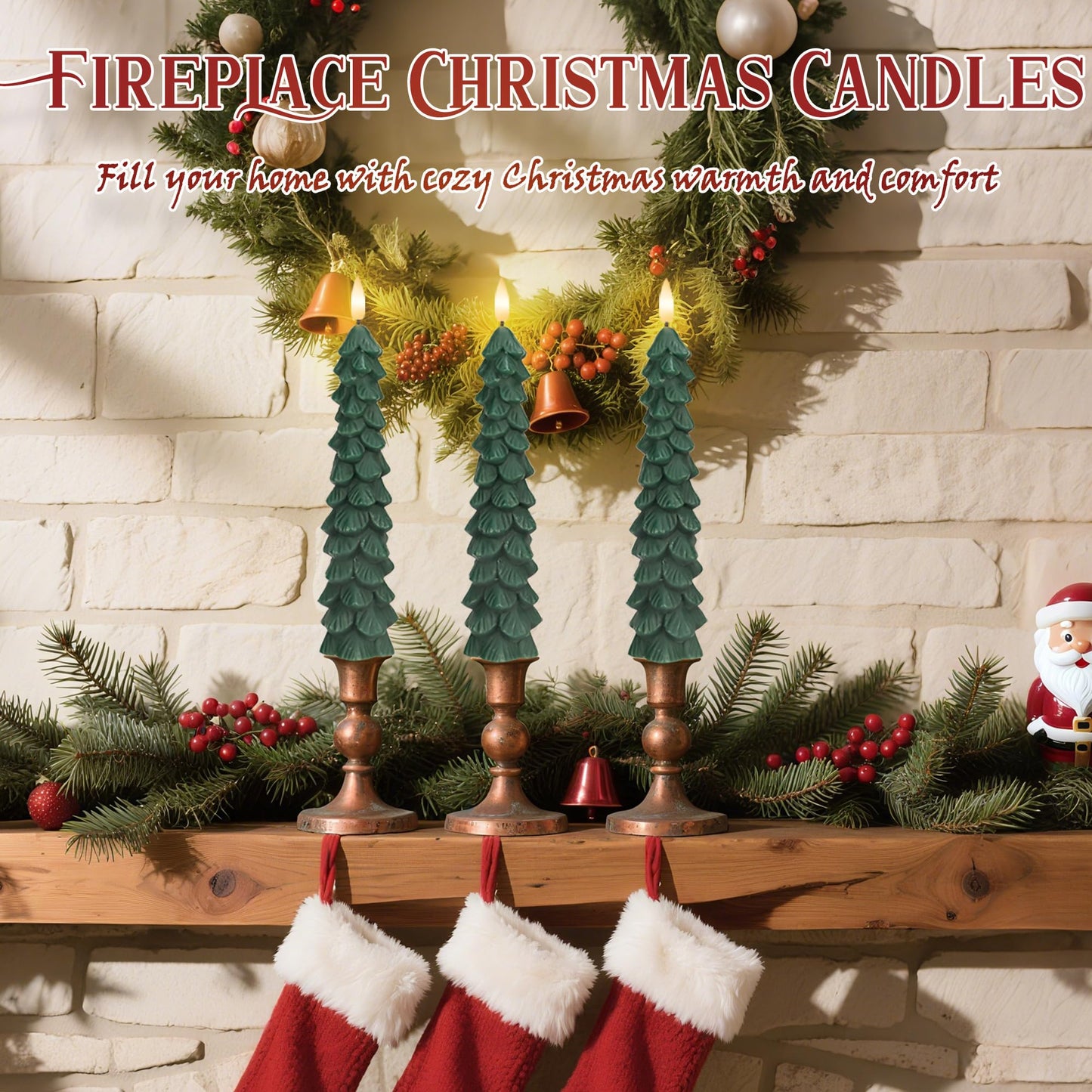 JOIONE Christmas Tree Flameless Taper Candles with Remote 3 Packs, Battery Operated Real Wax LED Candlesticks with 3D Flickering Flame, Perfect for Holiday, Christmas and Home Decor, Green