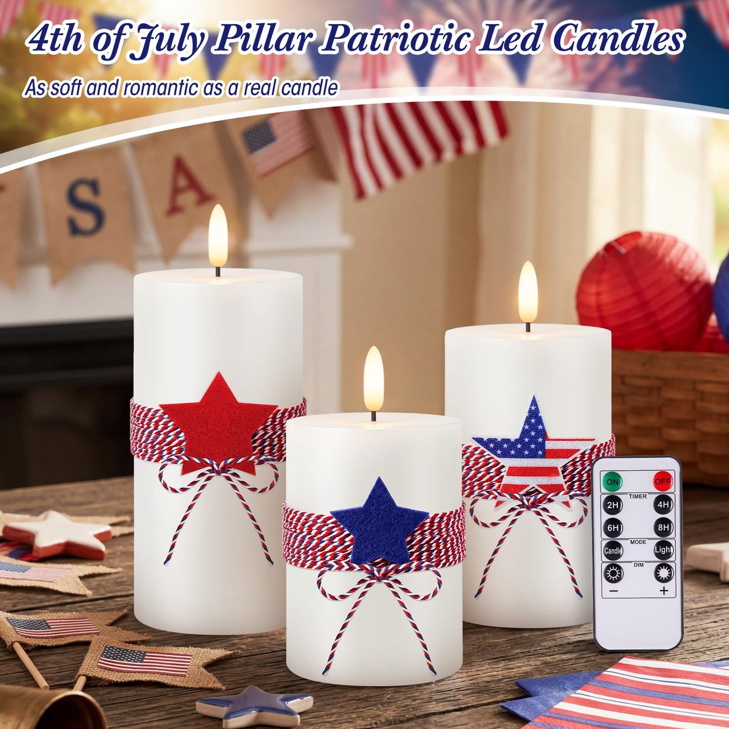 4th of July 4" 5" 6" Flameless Pillar Candles with Remote, Set of 3 Patriotic White Battery Operated LED Candle with Star Felt, Independence Day Decorations for Home Party Table Fireplace