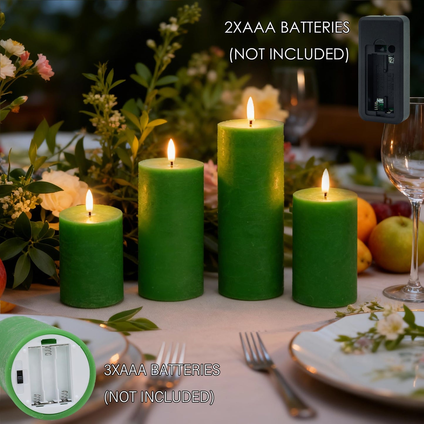LUSHARBOR Green Flameless Candles, 4 Pack Battery Operated Candles for St. Patrick’s Day, Real Wax LED Fake Candles for Spring Decor Party Centerpiece Green
