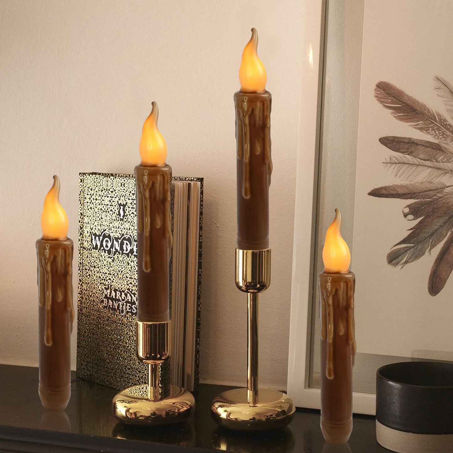 FCMSHAMD Brown Flameless Short Taper Candles, Real Wax Hand Dipped LED Battery Operated with Remote, Flickering Flame Lights for Festival Party Home Décor, 6.7 Inch Primitive Flameless Candles, 4PCS