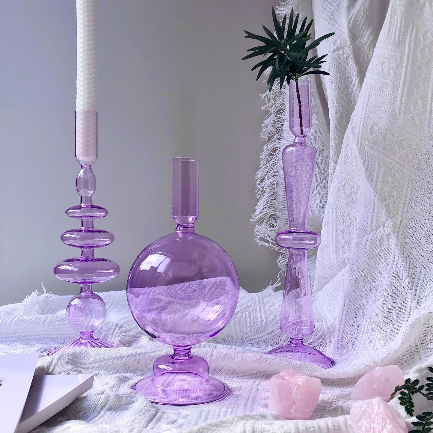 Amanman Candle Stick Candle Holder, Glass Candle Holders for Table Centerpiece, Modern Style Purple Candle Holder Mixed 4pcs