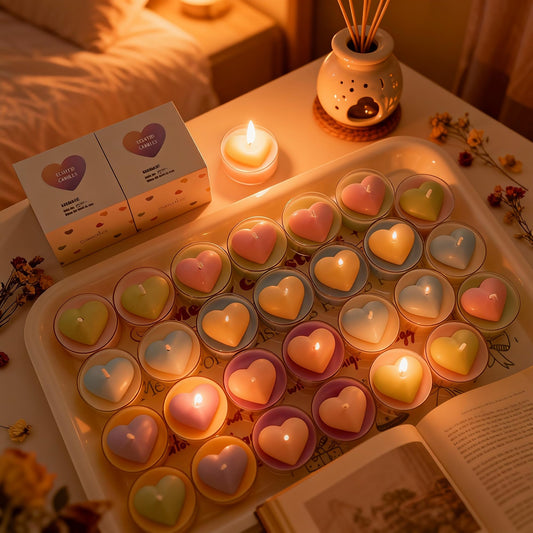 Scented TeaLight Candles with Romantic Heart,4 Pastel Color Floral Soy Wax Tea Lights Candles with Embossed Hearts,Natural Essential Oil Mini Candles for Weddings,Valentine's Day & Decor