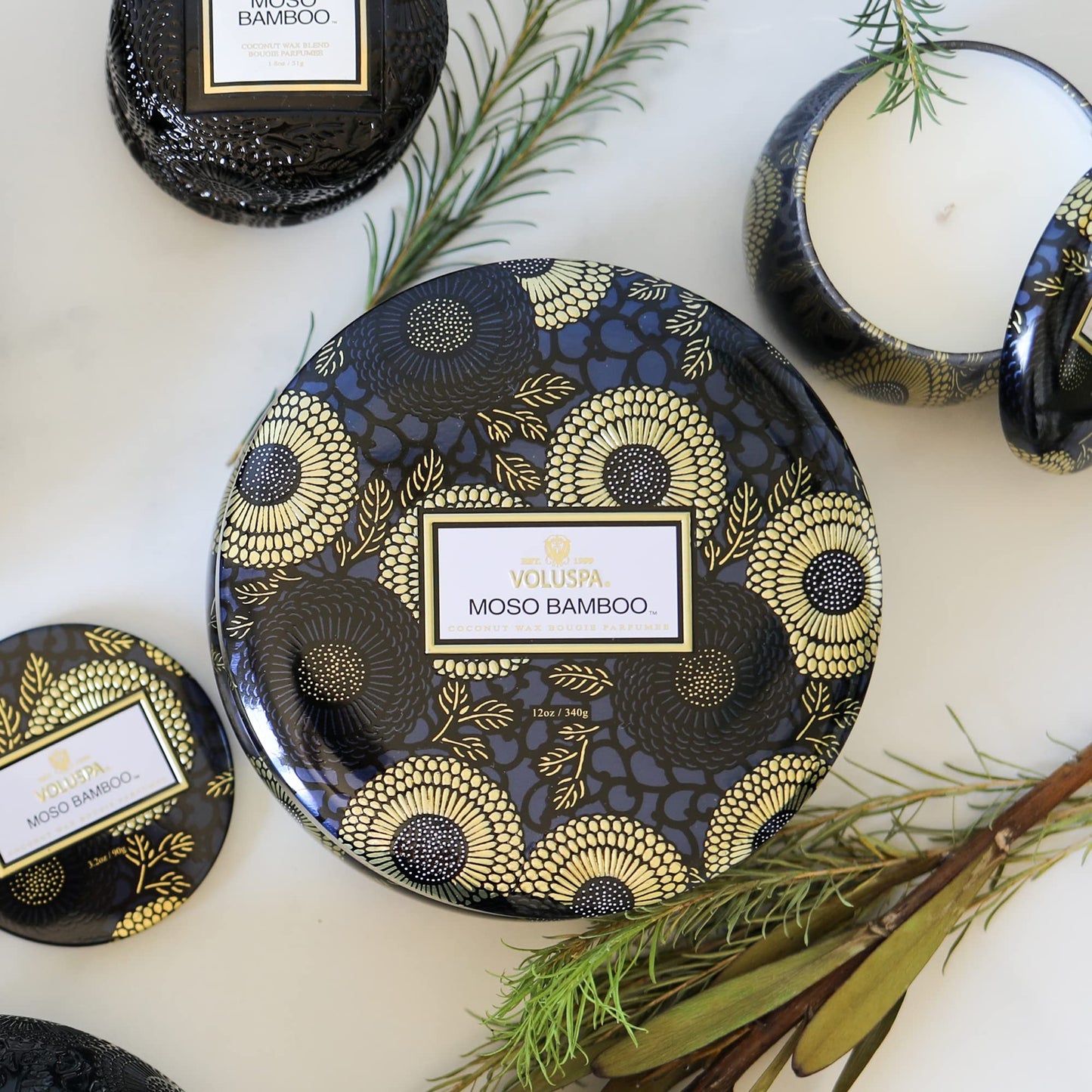 Voluspa Moso Bamboo, 3 Wick Tin Candle, 12 oz, 40 Hour Burn Time, Coconut Wax for Clean Burning, Handcrafted in the USA