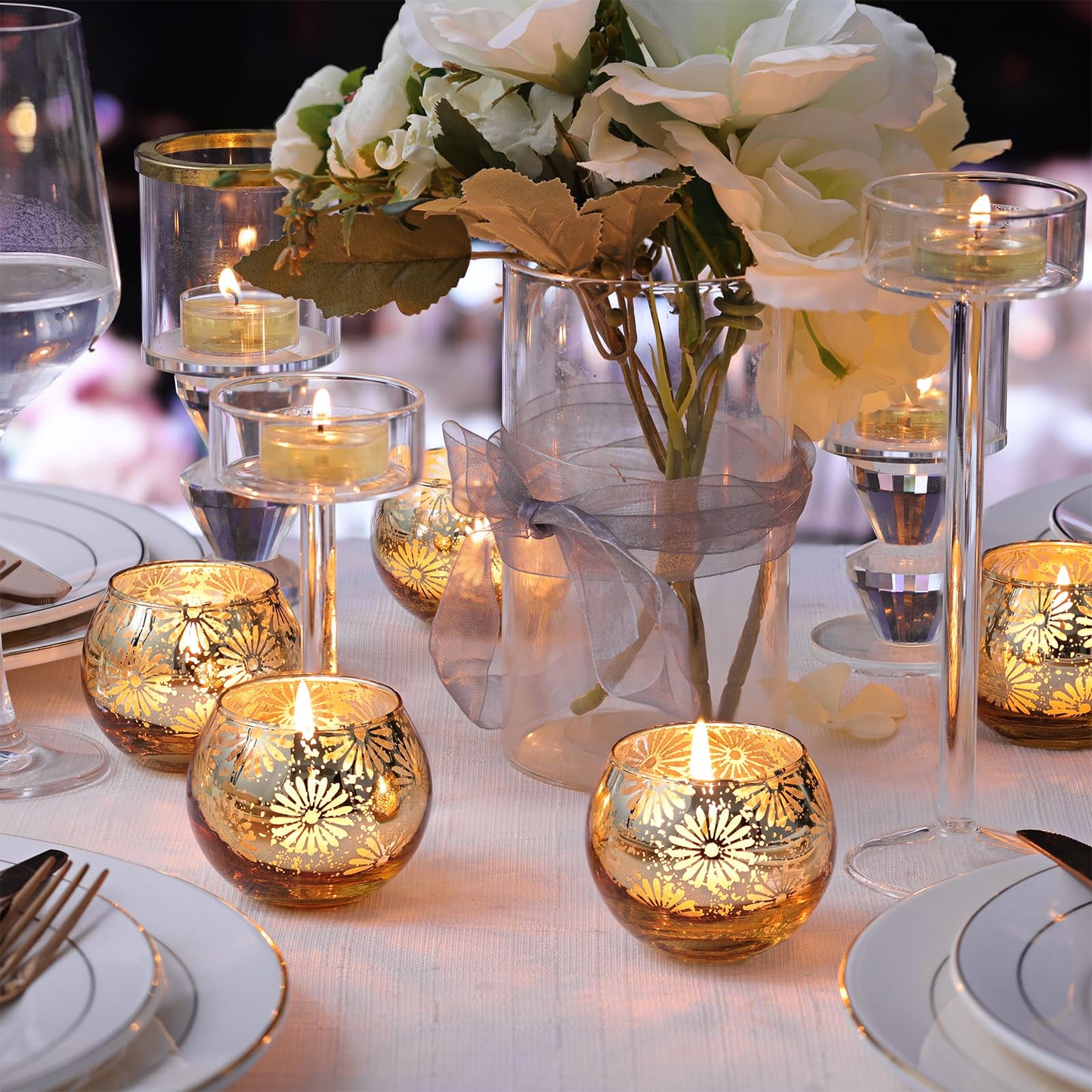 sunnyfuture Gold Mercury Glass Votive Candle Holders Set of 12, Round Tealight Candle Holders Bulk for Table Centerpieces, Weddings, Shower Gifts, Christmas, Halloween Party Decorations