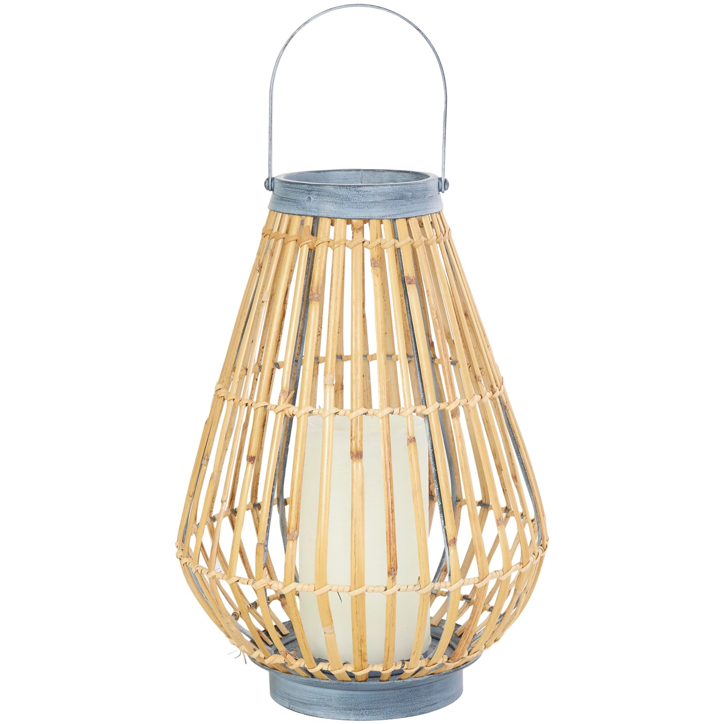 Deco 79 Bamboo Wood Handmade Open Framed Candle Lantern with Blue Metal Accents and Handle, 11" x 11" x 16", Brown