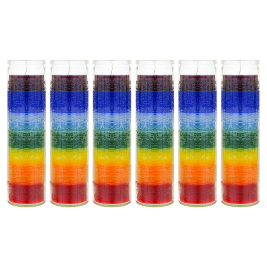 Mega Candles 6 pcs Unscented Multi Color Chakra Glass Devotional Prayer Candles, Hand Poured Premium Wax Candle 2 Inch x 8 Inch, Promotes Positive Energy, Aids Meditation, Relaxation, Spiritual