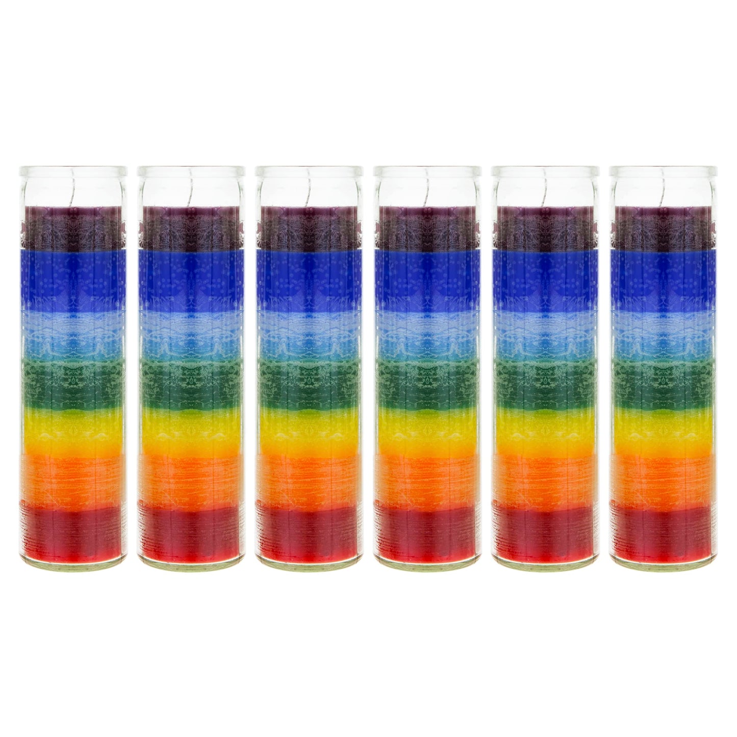 Mega Candles 6 pcs Unscented Multi Color Chakra Glass Devotional Prayer Candles, Hand Poured Premium Wax Candle 2 Inch x 8 Inch, Promotes Positive Energy, Aids Meditation, Relaxation, Spiritual