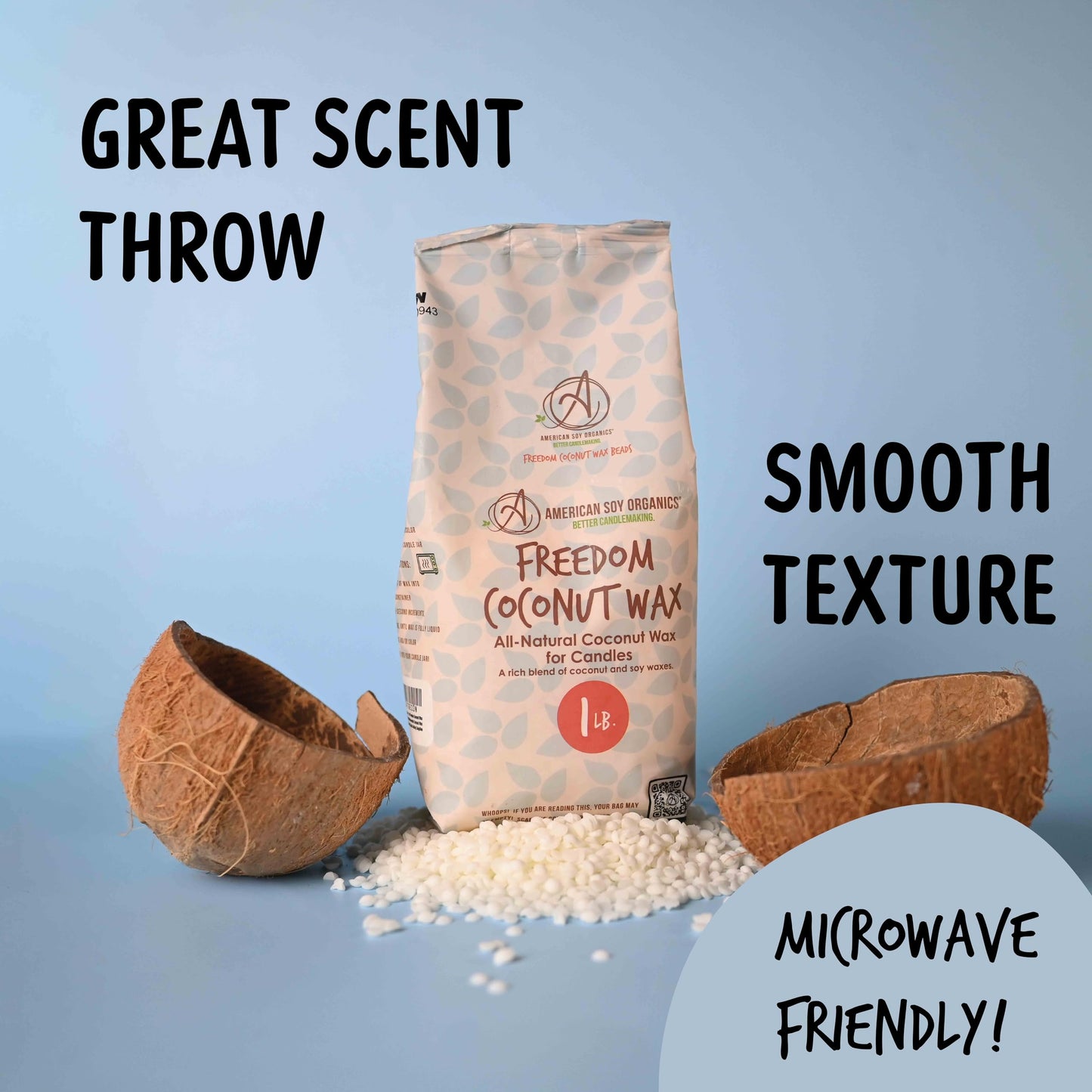 American Soy Organics 1 lbs Freedom Coconut Soy Wax Beads for Candle Making - Natural Candle Making Supplies - Paraffin-Free,Beeswax-Free Coconut Candle Wax for Container Candles,Tealights,Wax Melts