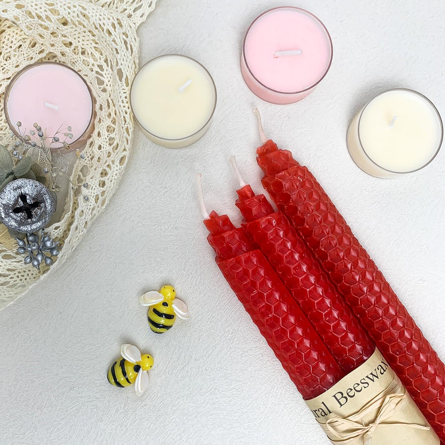 14 Pack Beeswax Taper Candles, Handmade Bees Wax Candle for Home, Unscented & Dripless Candle Sticks, 9" Tall, Red Beeswax Candles by Kissingfish