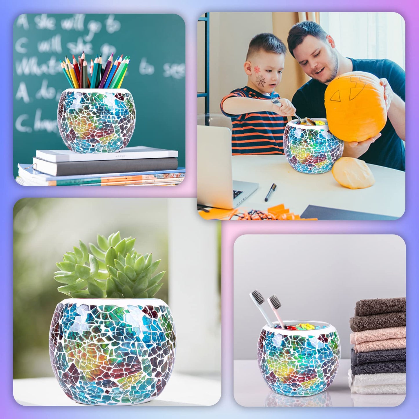 Scented Candle Holder Mosaic Glass Tea Light Holder,Handmade Romantic Glass Tealight Candle Holder for Aromatherapy,Party Décor(NO Candles),Also Used as Vase,Pen Holder,Potted Plants Bowl (Rainbow)