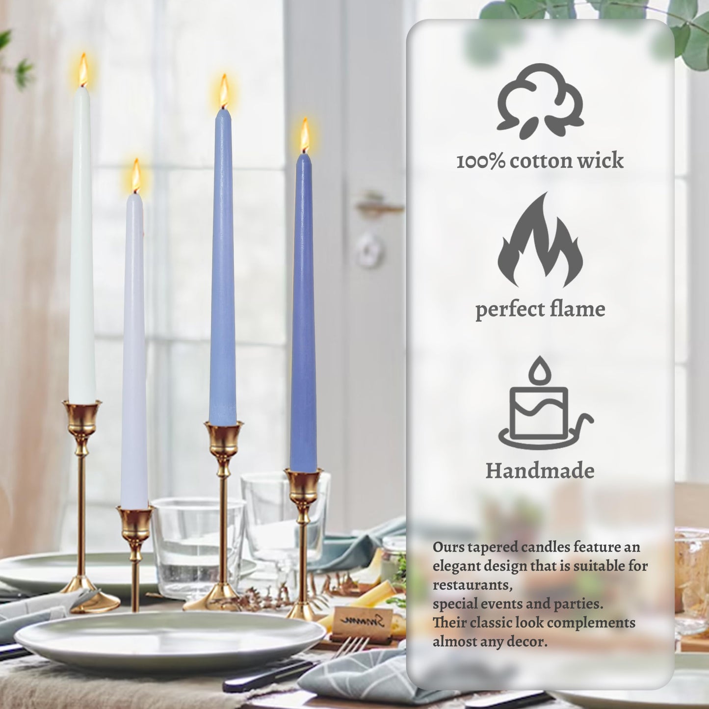 Handmade Gradient Blue Sea Salt Scented Taper Candlesticks Long Lasting Smokeless Aromatherapy Candles 10 Inch Tall Elegant Candles for Home Decoration Wedding Party Gift