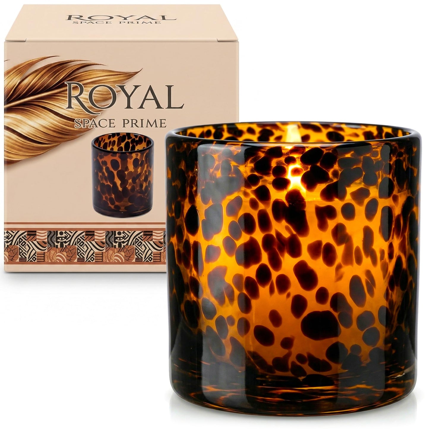 Tortoise Shell Candle Holder | Large Size 4.7" | Cheetah & Leopard Print Candle Holder | Large Amber Glass Votive for Vanity | Animal Pattern Glass Decor | Tea Light, Jar Candle & Vanity Accent