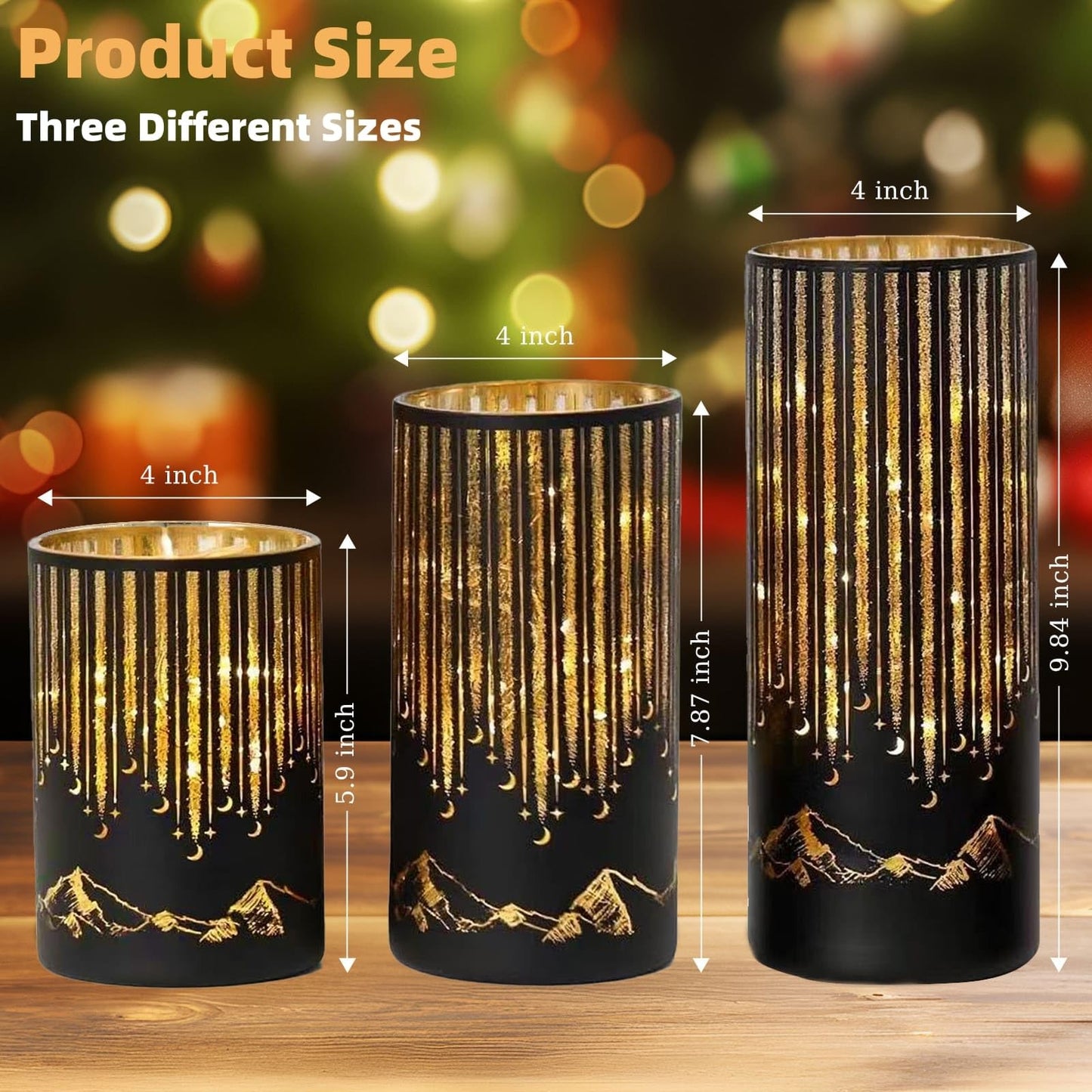 Ashroder Starry Night Elegant Hurricane Candleholders with LED Flickering Lights & Remote Timer, Decorative Glass Hurricanes for Indoor Table Centerpieces & Year-Round Home Decor, Set of 3 (Black)