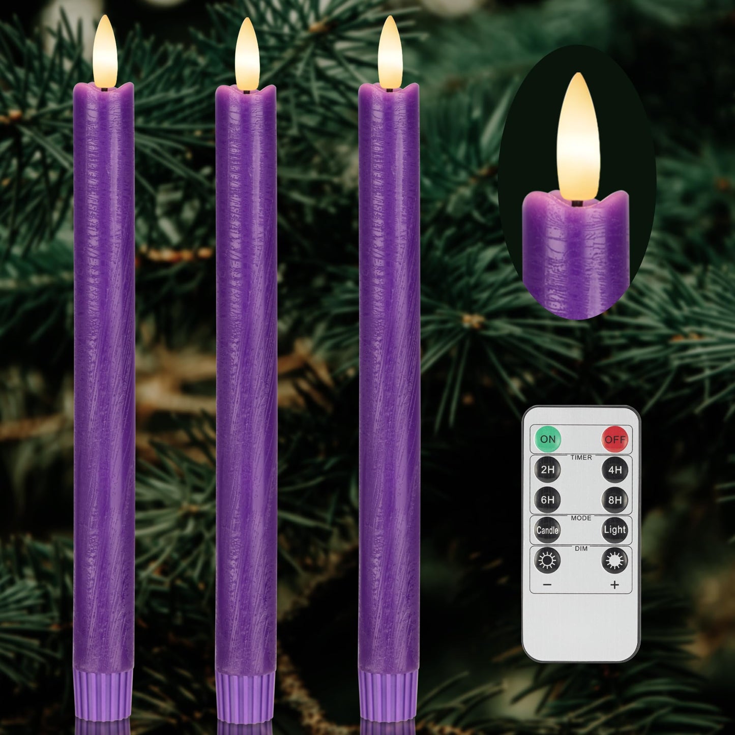 AFINETH Purple Flameless Taper Candles with Remote, 3 Pack Real Wax Battery Operated Candles, 9.6 Inch Flickering Led Christmas Candlesticks Decorations for Winter Home Holiday Xmas Gift