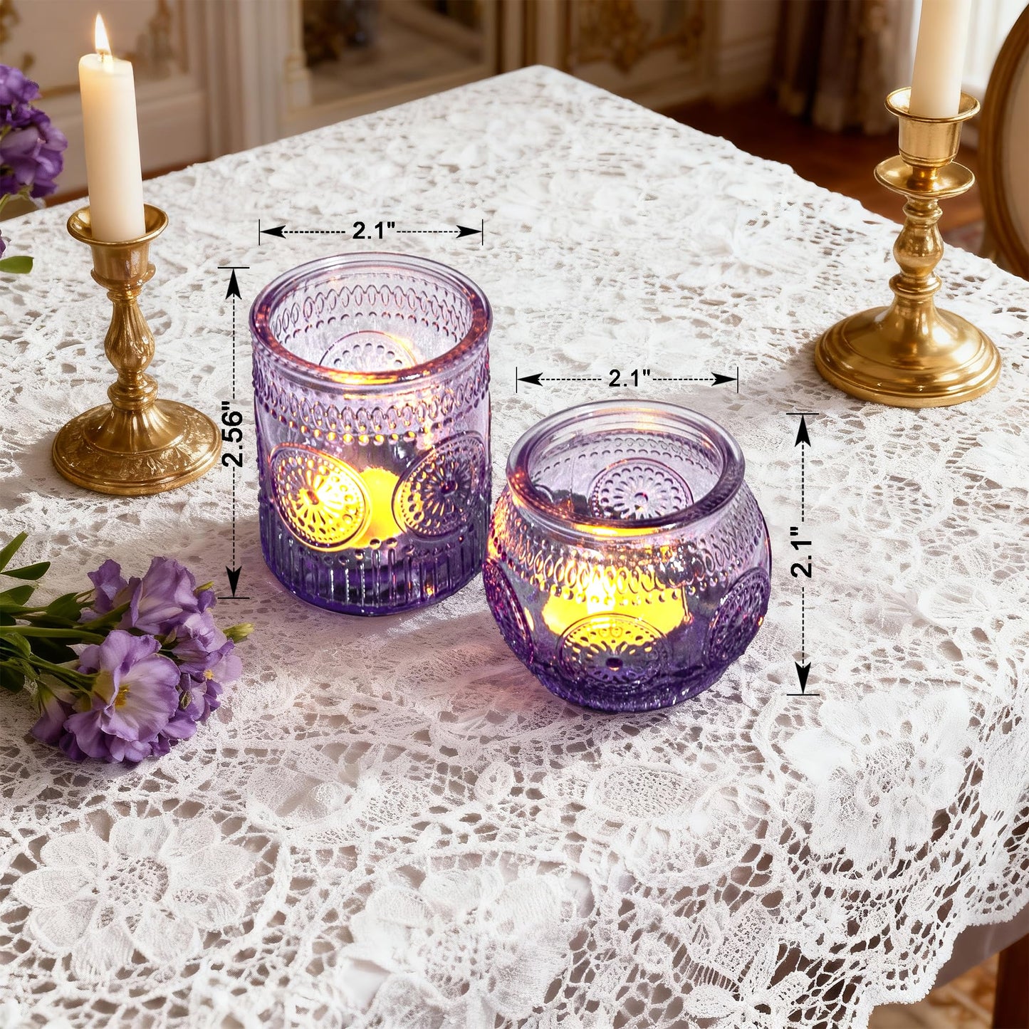 WELLIFE 24-Piece Purple Glass Votive Candle Holders Set – Tealight Candle Holder Glass Bulk with 12 Round & 12 Sunflower Textured Cups, Purple Votive Candle Holders for Weddings, Parties, Home