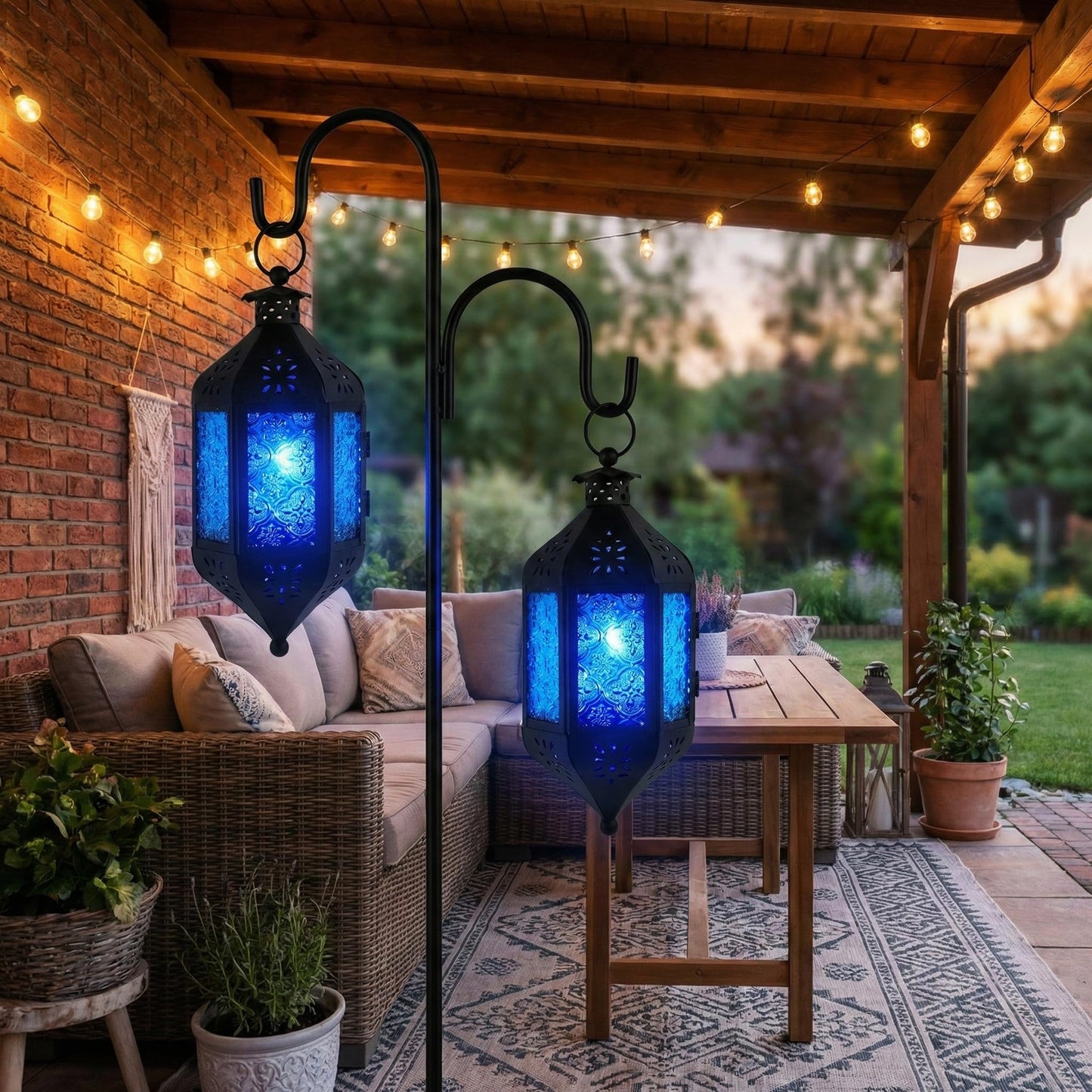 Vela Lanterns Hanging Moroccan Lamp - Exotic Decorative Patio & Porch Decor, Indoor Outdoor Tea Light Candle Lantern Holder with Chain (11" Medium, Blue Glass, 3-Pack)