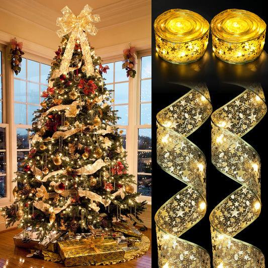 CandyHome Christmas Tree Ribbon Lights, 40ft 120 LED, Battery Operated, 2 Pack, Gold, Model DEC-181-1, Copper Wire + Fabric