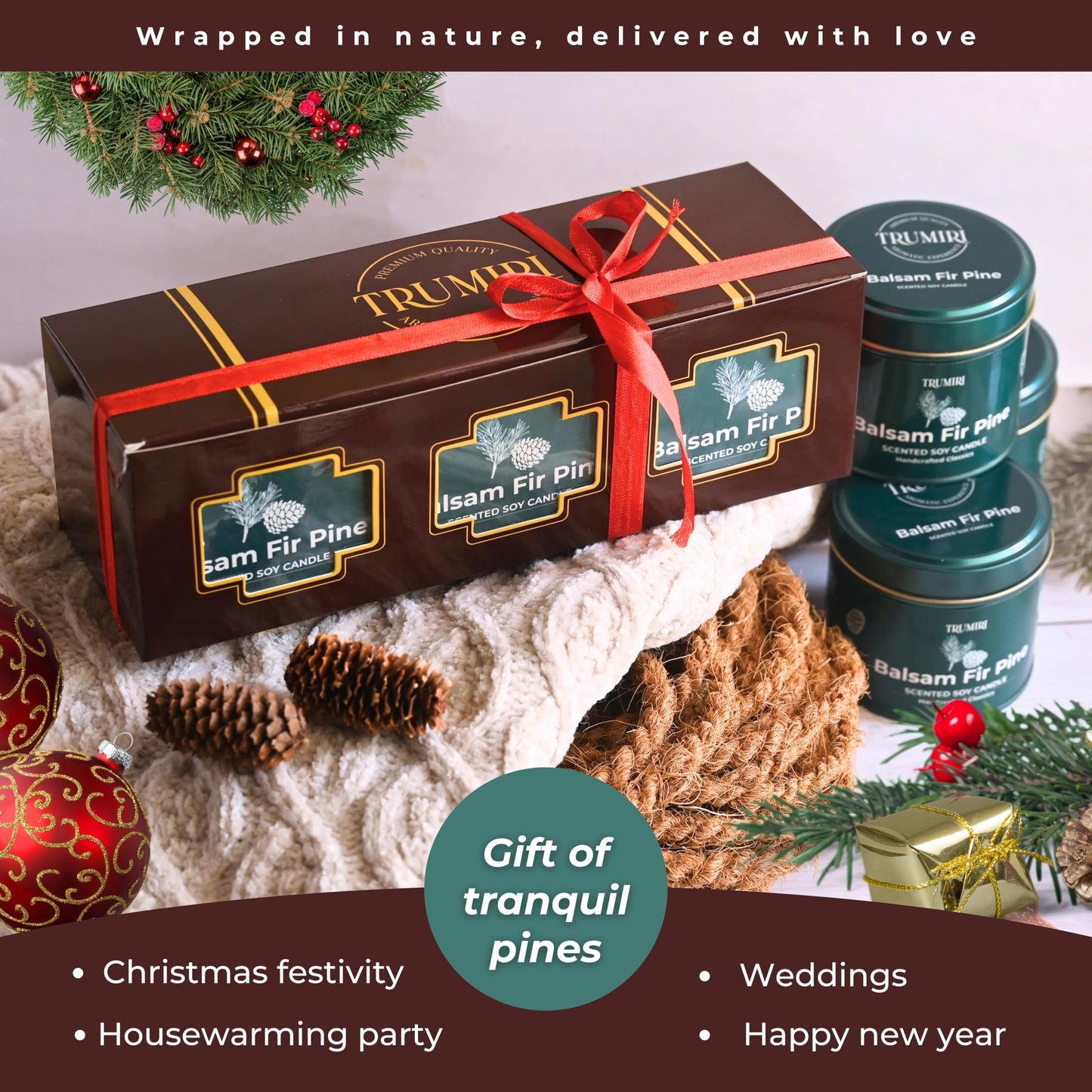 Balsam Fir Pine - Soy Candles for Home Scented - Pack of 3 x 5oz Natural Clean Non Toxic - for Fall Winter Christmas Holidays - Long Lasting Highly Scented Pet Safe - Velas Aromáticas para el Hogar