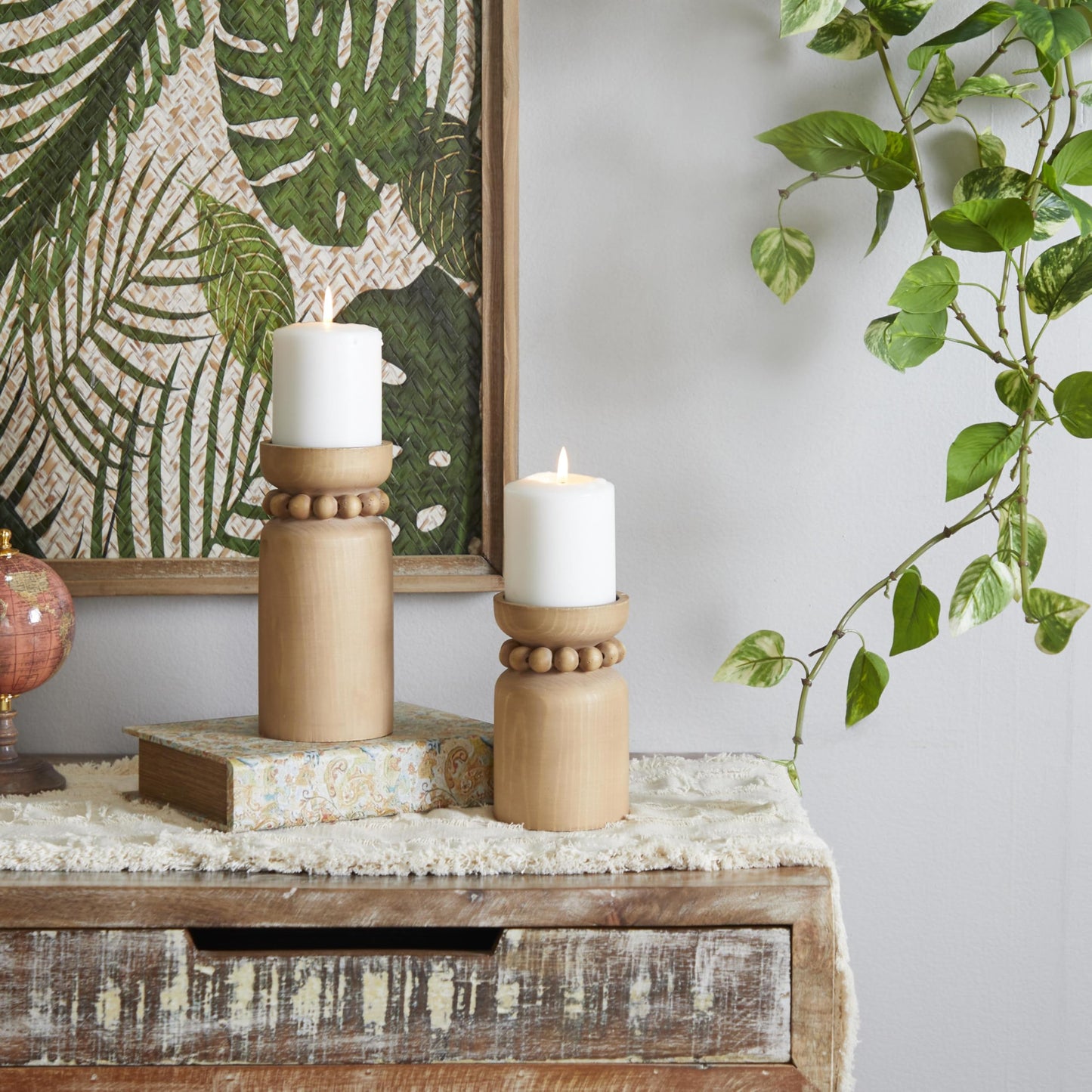 Deco 79 Wood Decorative Candle Holder Beaded Pillar Candle Stand, Set of 2 Candlestick Holder 8", 6"H, Brown