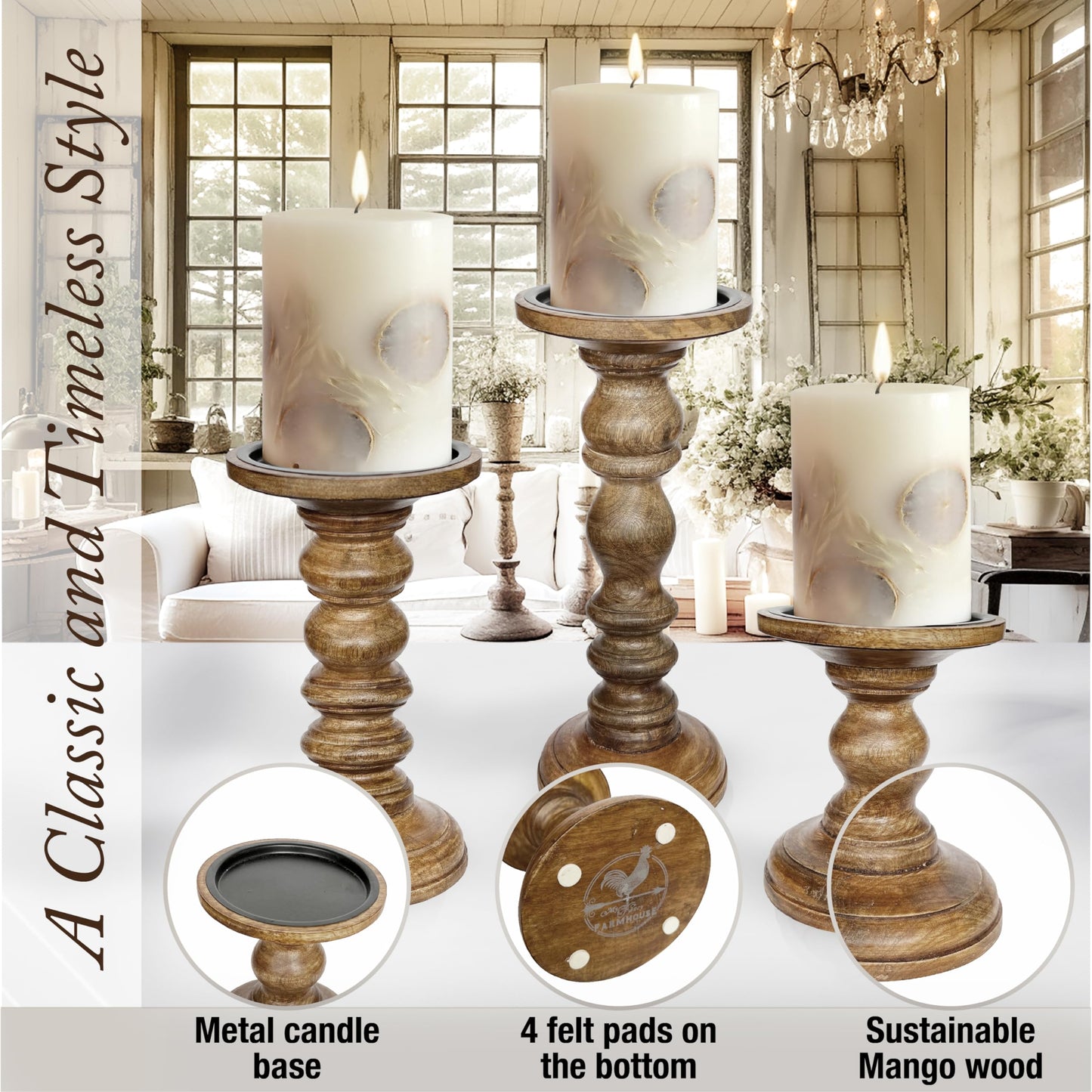 My Fancy Farmhouse Large Wood Candle Holders (Set of 3) - Tall Rustic Pillar Candlestick Stands - Fits 4 inch & 3 inch Pillar Candles - Modern Farmhouse Decor (Walnut Brown)