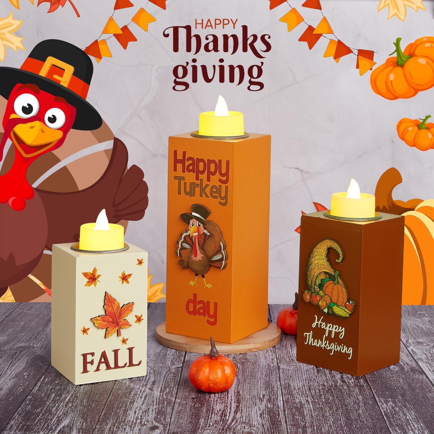 BlcTec Thanksgiving Decorations for Home 3 PCS Wood Candle Holders with LED Tea Lights & 3D Carving Craft, Rustic Candle Centerpieces for Home, Table, Office, Tiered Tray Fall Decor Thanksgiving Decor