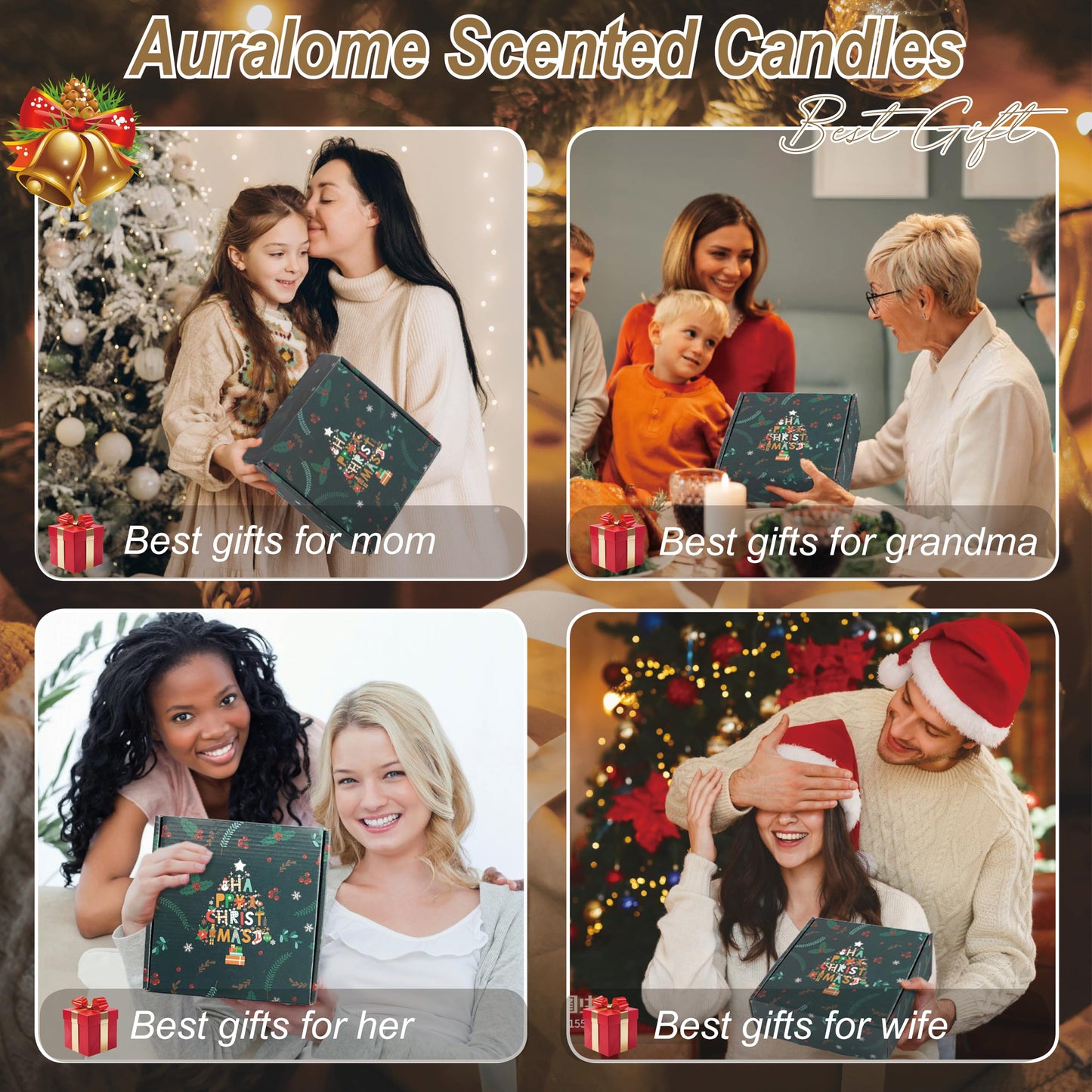 Auralome Christmas Scented Candles Gifts - Xmas Candle Gift Set for Women Men Aromatherapy Soy Wax Natural Small Festival Aroma Candle Gift 4 PCS 4.4 Oz for Mothers Day Birthday Diwali Teachers Girls