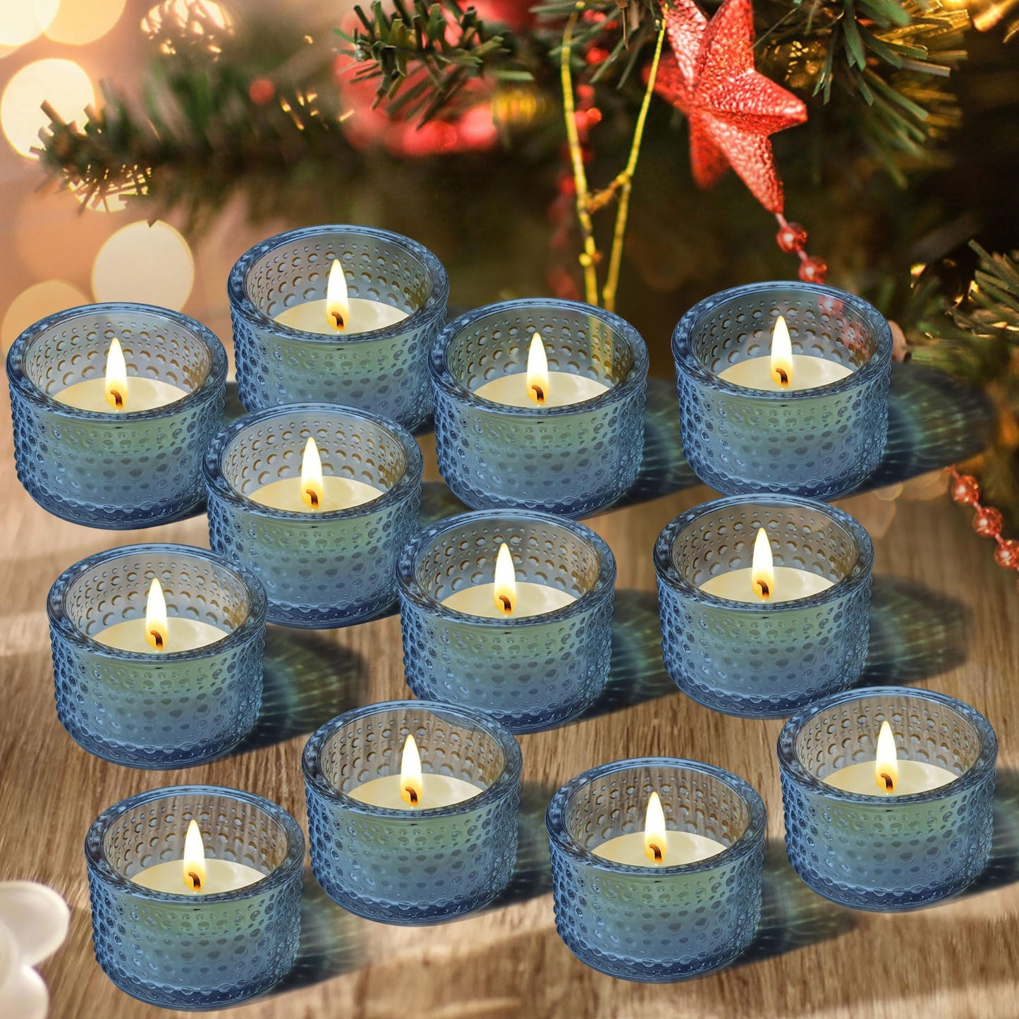 JOYIT Blue Votive Candle Holders Bulk Set of 12, Tealight Candle Holder for Wedding Table Centerpiece, Glass Small Candle Holders for Birthday Party, Valentine's Day, Home Decor (2''X 1.4'')