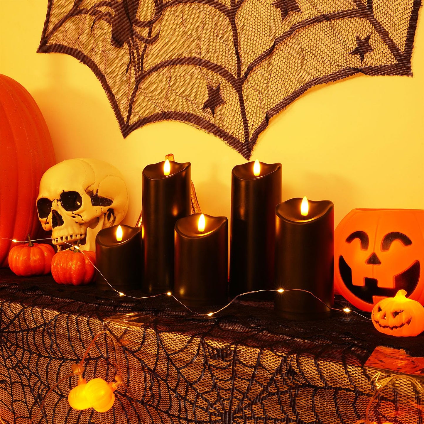 Amagic Black Halloween Flameless Candles with Remote, Waterproof Outdoor Candles Battery Operated with Timer, Plastic Flickering LED Pillar Candle for Holiday, Theme Party, Pumpkin Decor, Set of 5